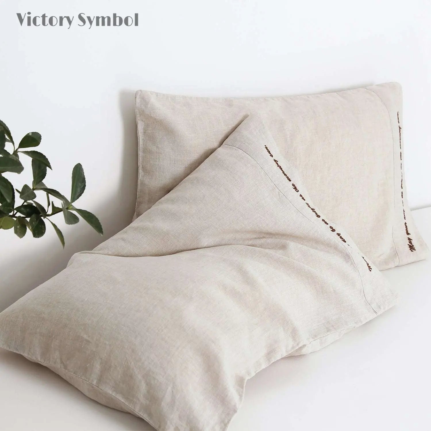 Natural Undyed Linen 100% Organic Linen Embroidered Pillowcases - Victory Symbol