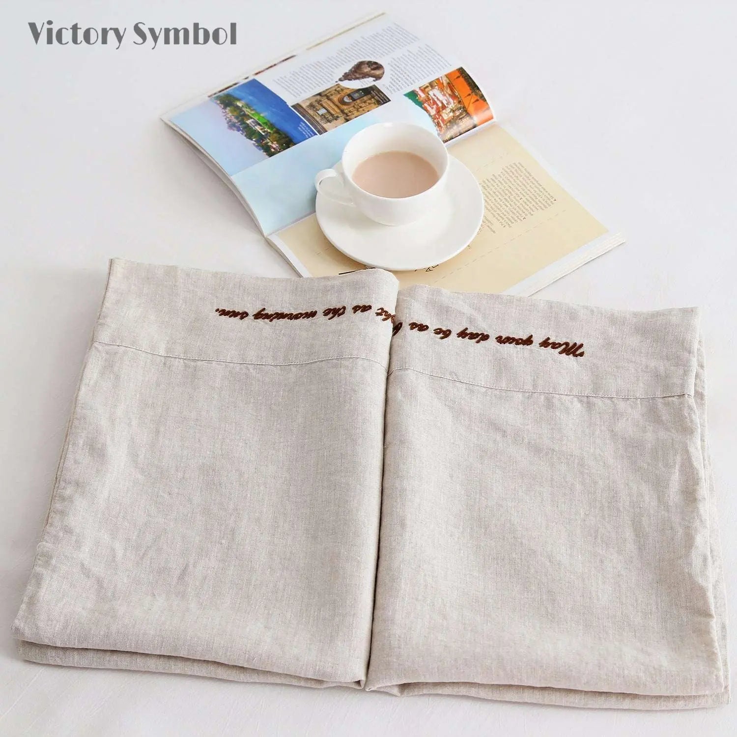 Natural Linen 100% Organic Linen Embroidered Pillowcases - Victory Symbol