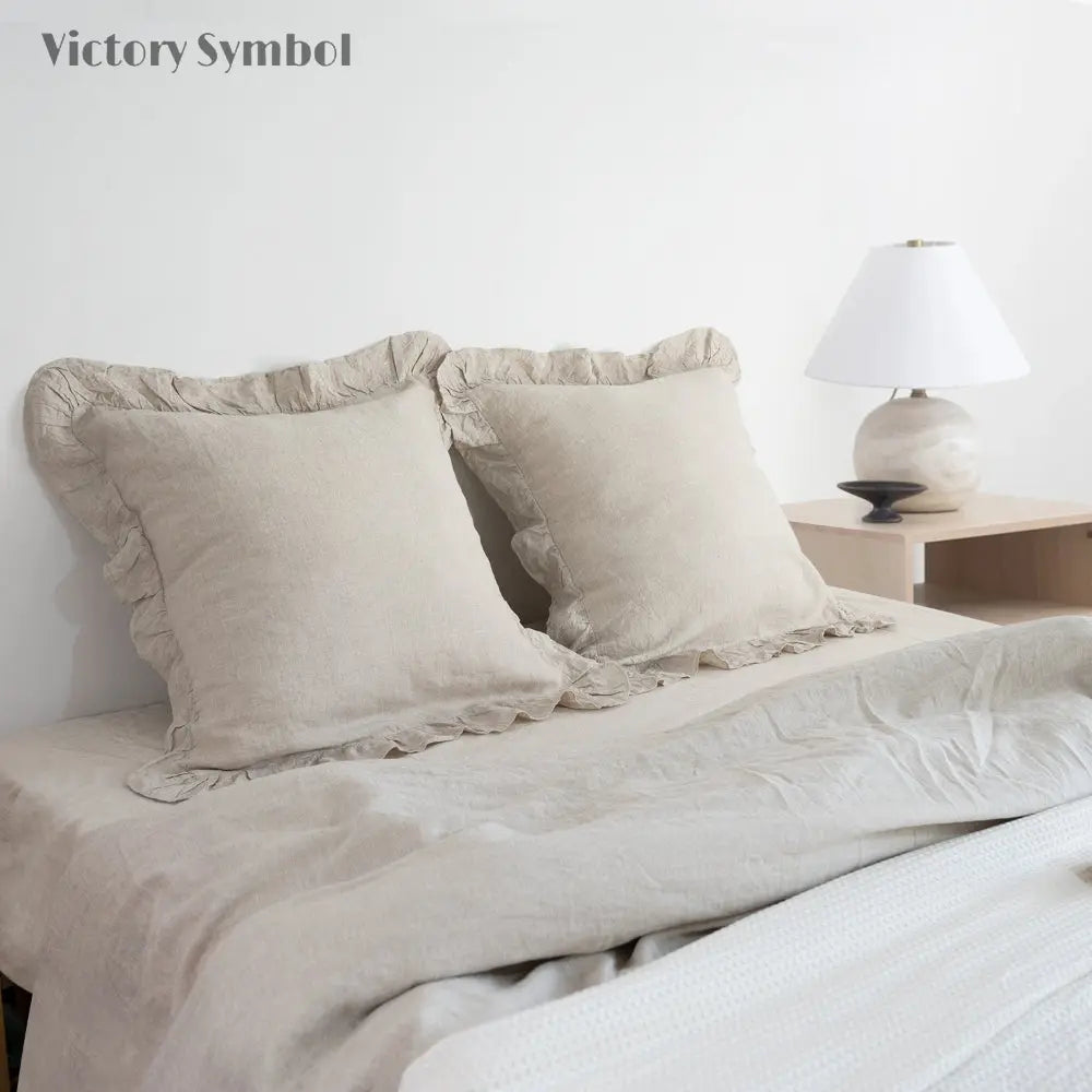Natural Undyed Linen 100% Organic Linen Euro Pillowcases With Ruffles - Victory Symbol