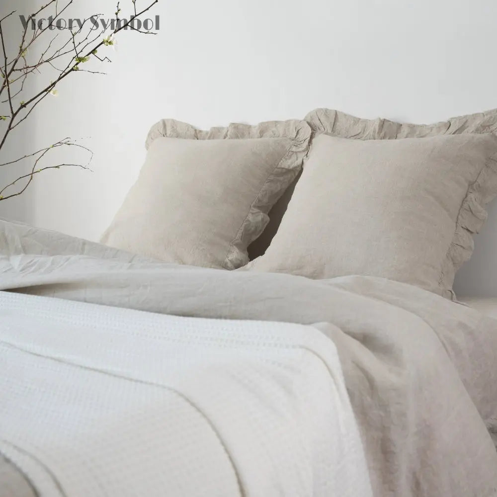 Natural Undyed Linen 100% Organic Linen Euro Pillowcases With Ruffles - Victory Symbol