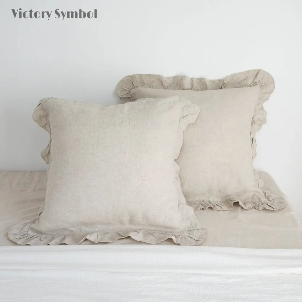 Natural Undyed Linen 100% Organic Linen Euro Pillowcases With Ruffles - Victory Symbol