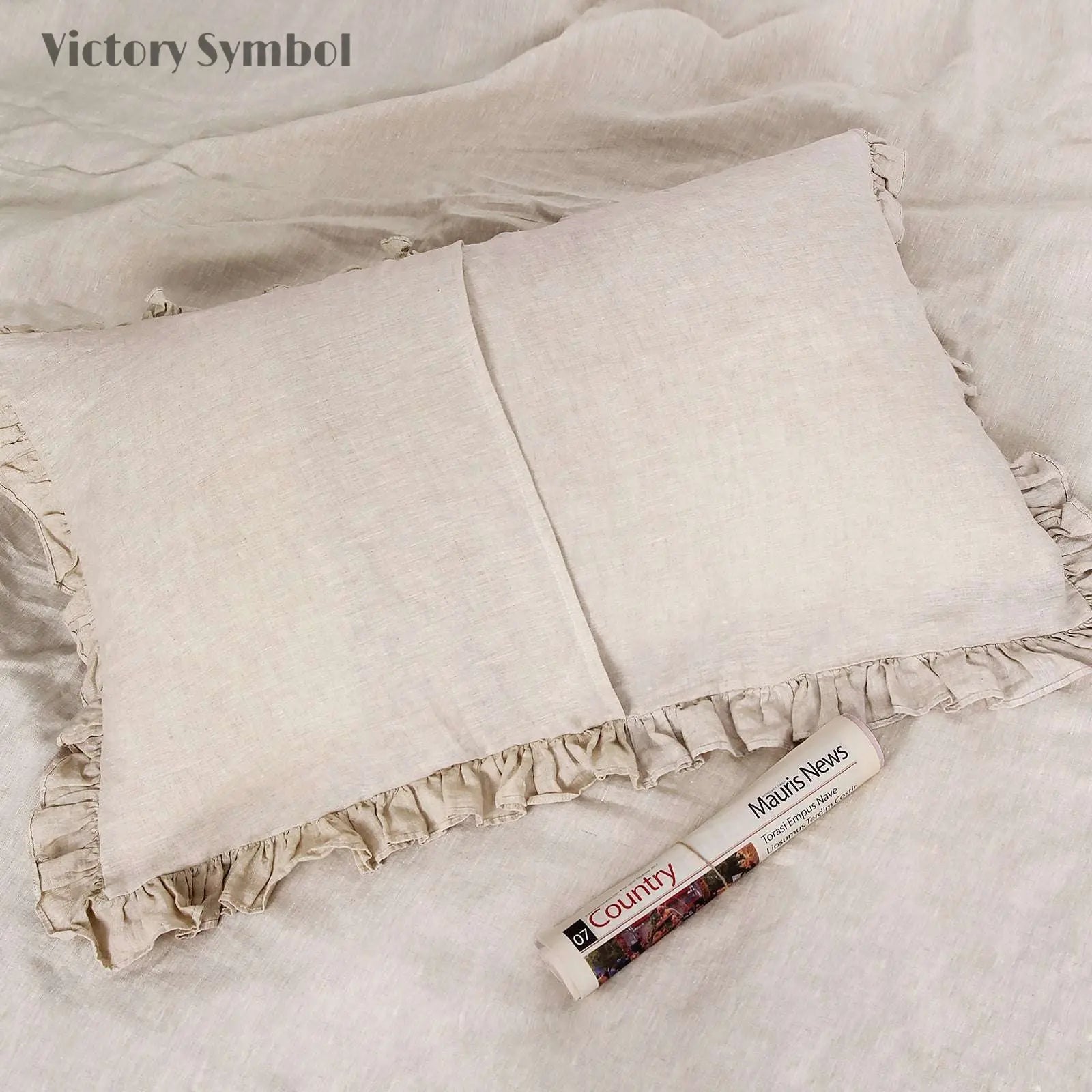 Natural Linen 100% Organic Linen Pillowcases with Ruffles - Victory Symbol
