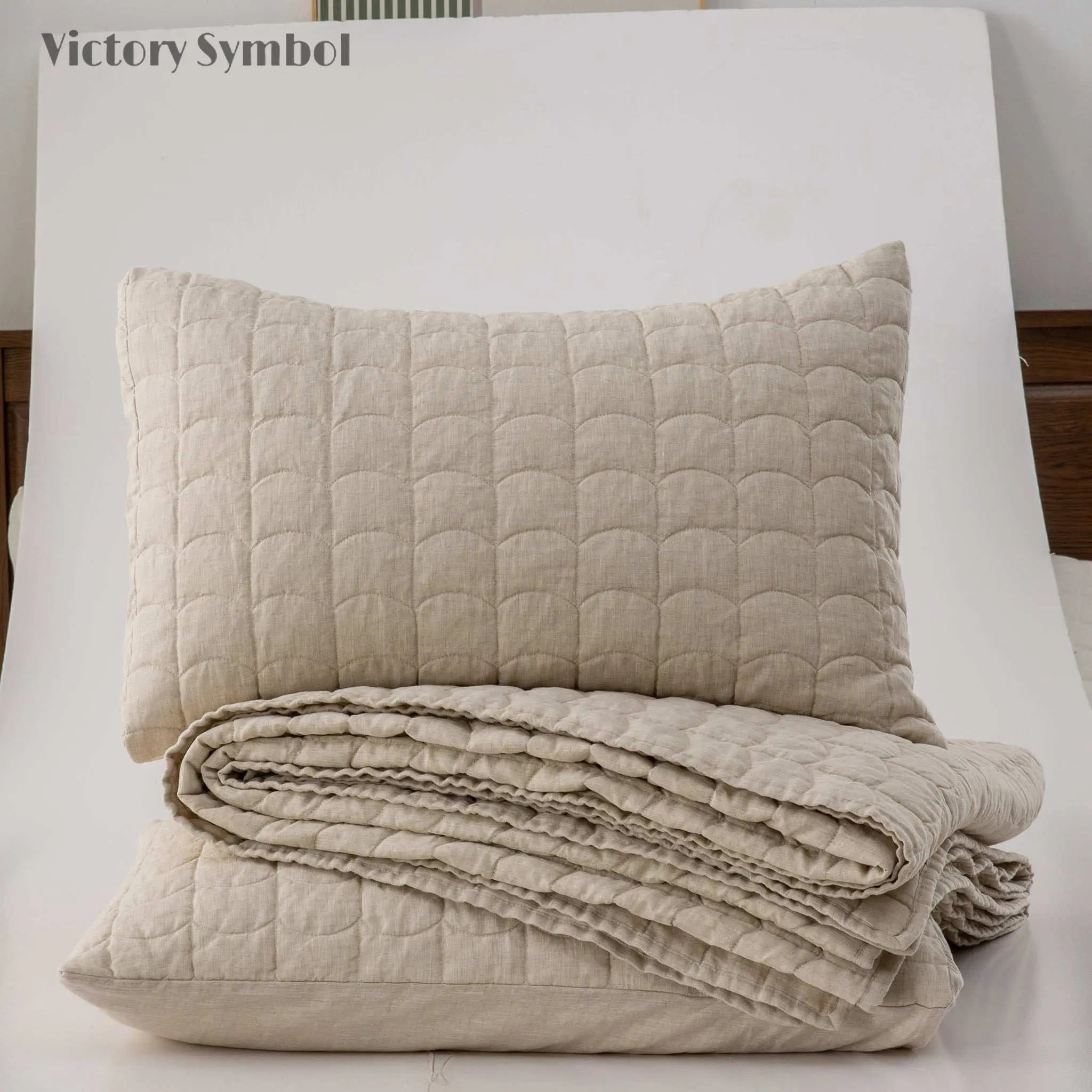 Natural Linen 100% Organic Linen Quilt Set With Tile Pattern - Victory Symbol