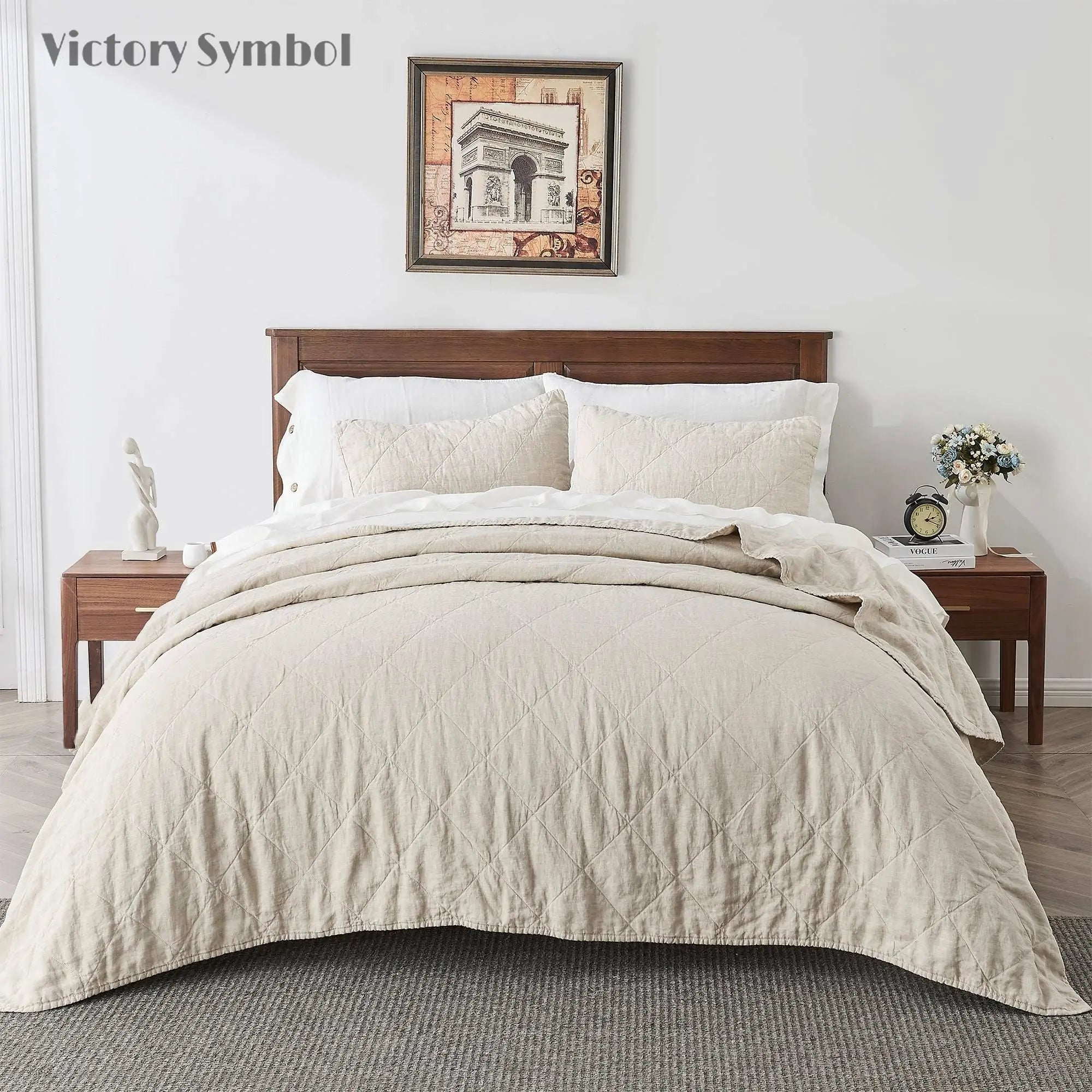Natural Undyed Linen 100% Organic Linen Quilt Set - Victory Symbol