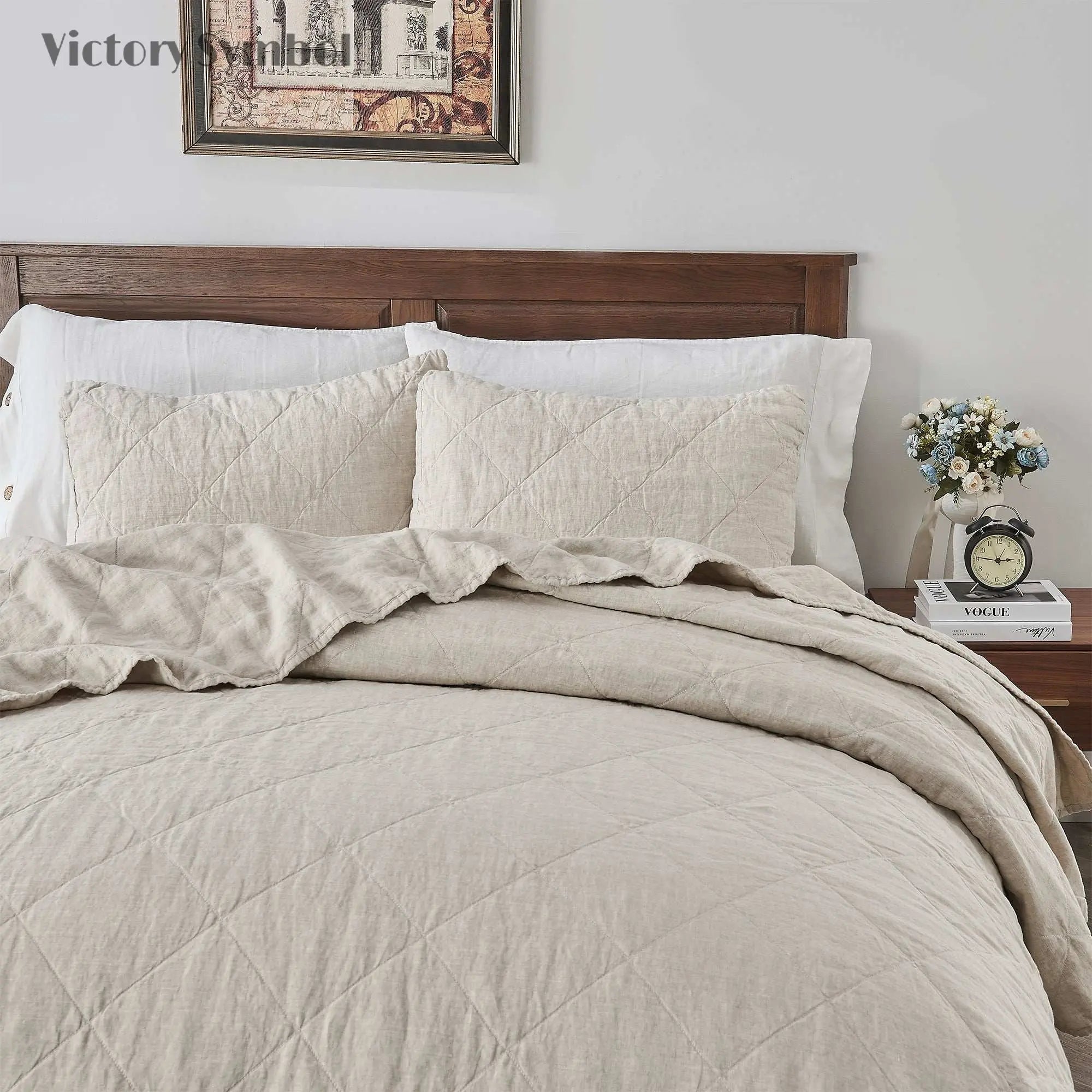 Natural Undyed Linen 100% Organic Linen Quilt Set - Victory Symbol