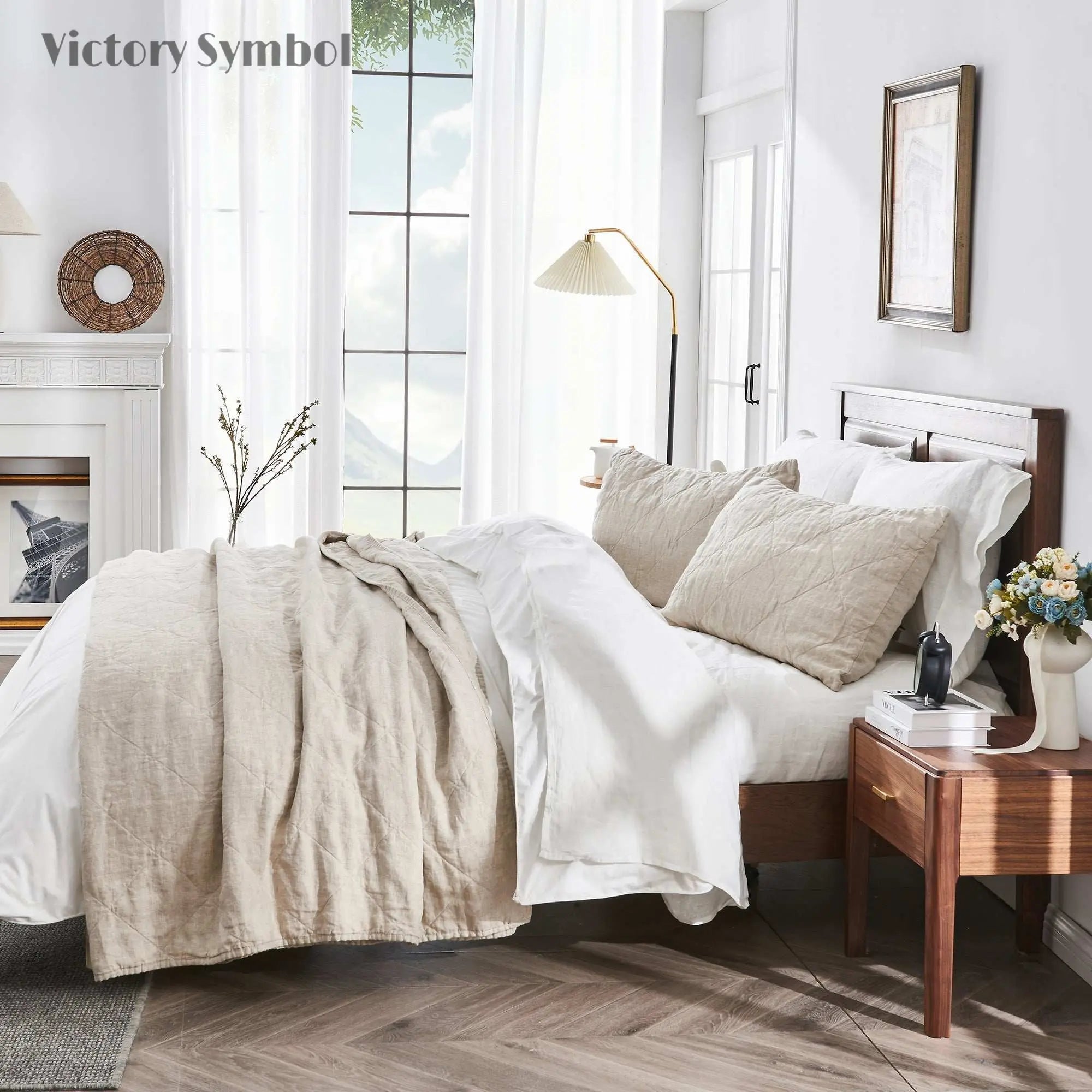 Natural Undyed Linen 100% Organic Linen Quilt Set - Victory Symbol