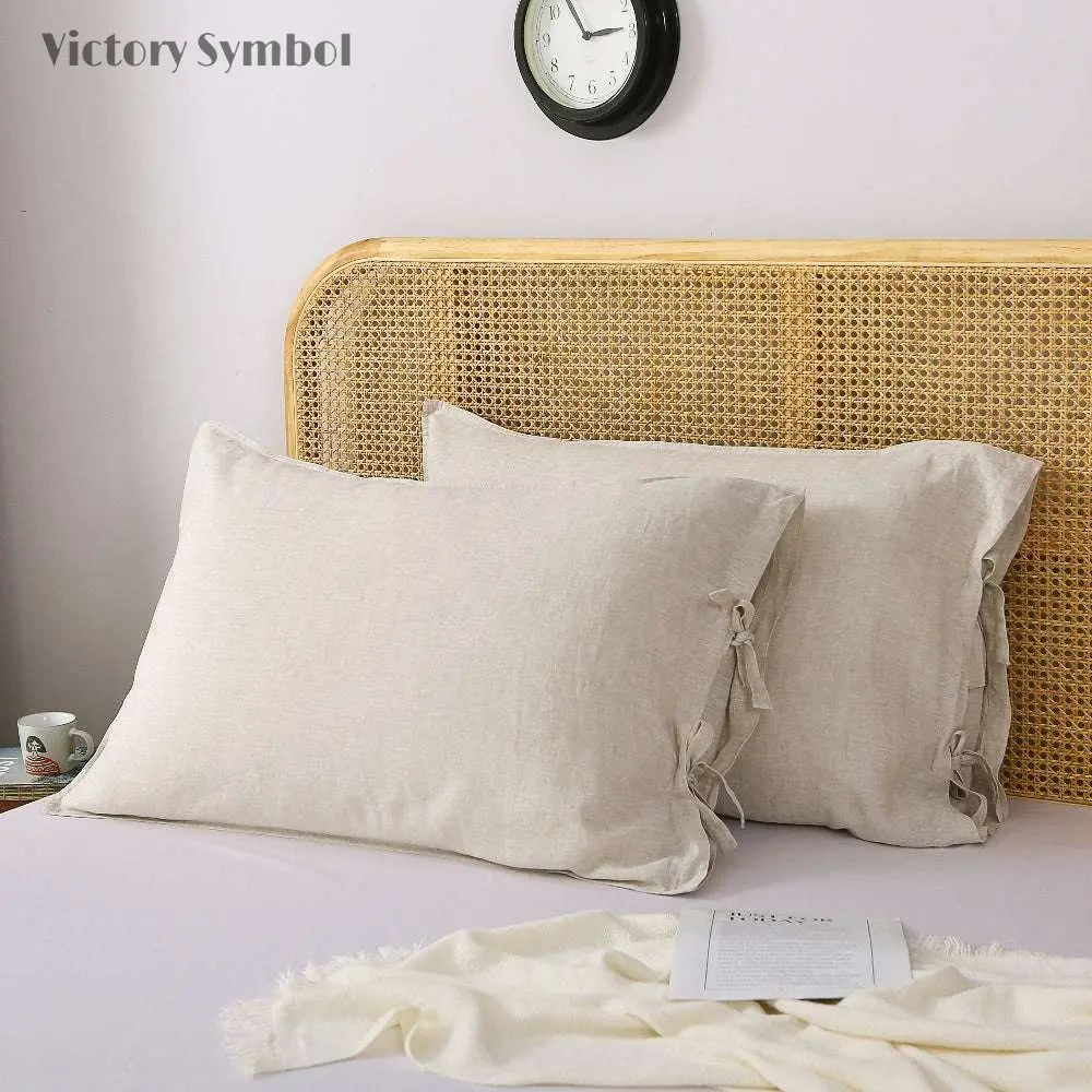 Natural Undyed Linen Ties Bow 100% Organic Linen Pillowcases - Victory Symbol
