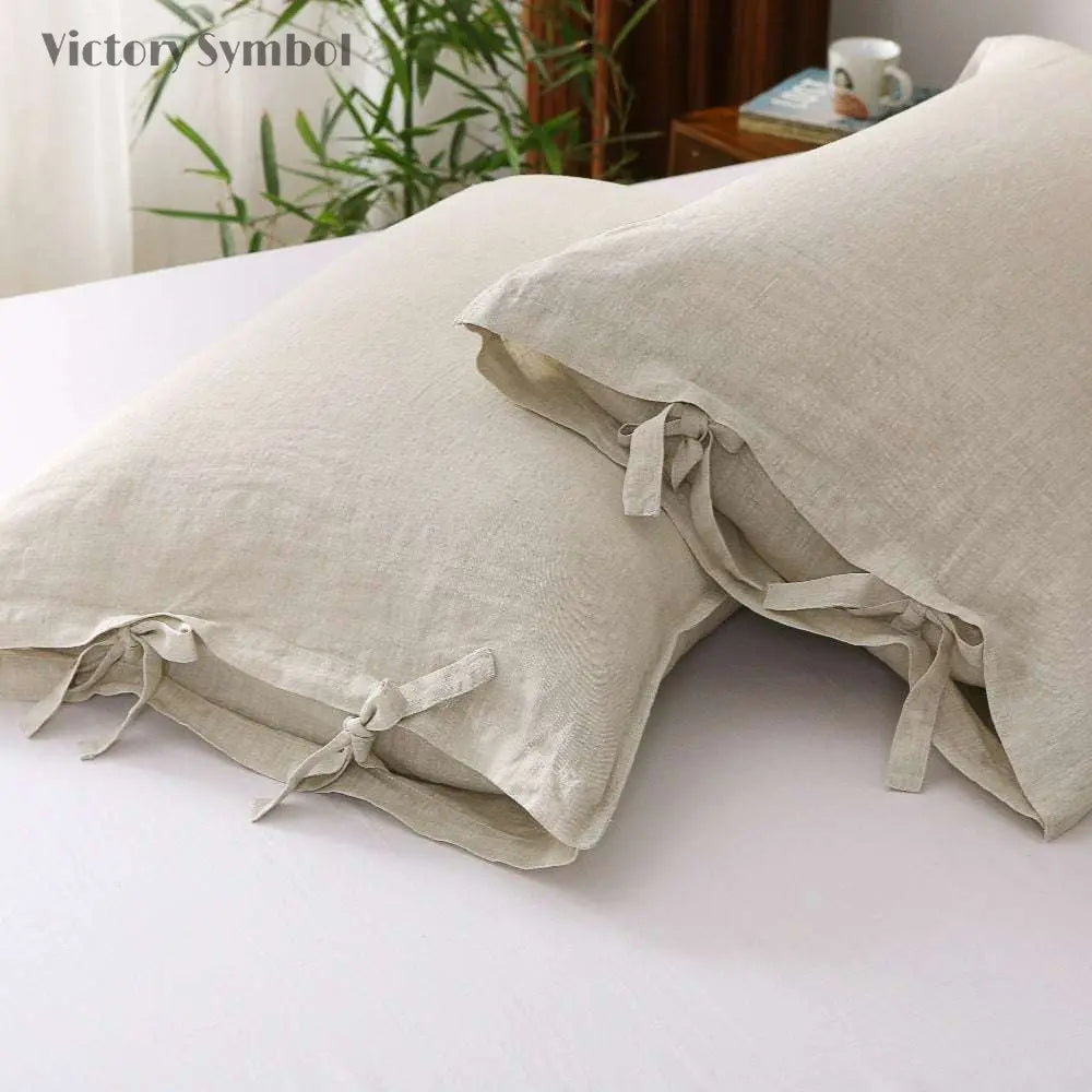 Natural Undyed Linen Ties Bow 100% Organic Linen Pillowcases - Victory Symbol