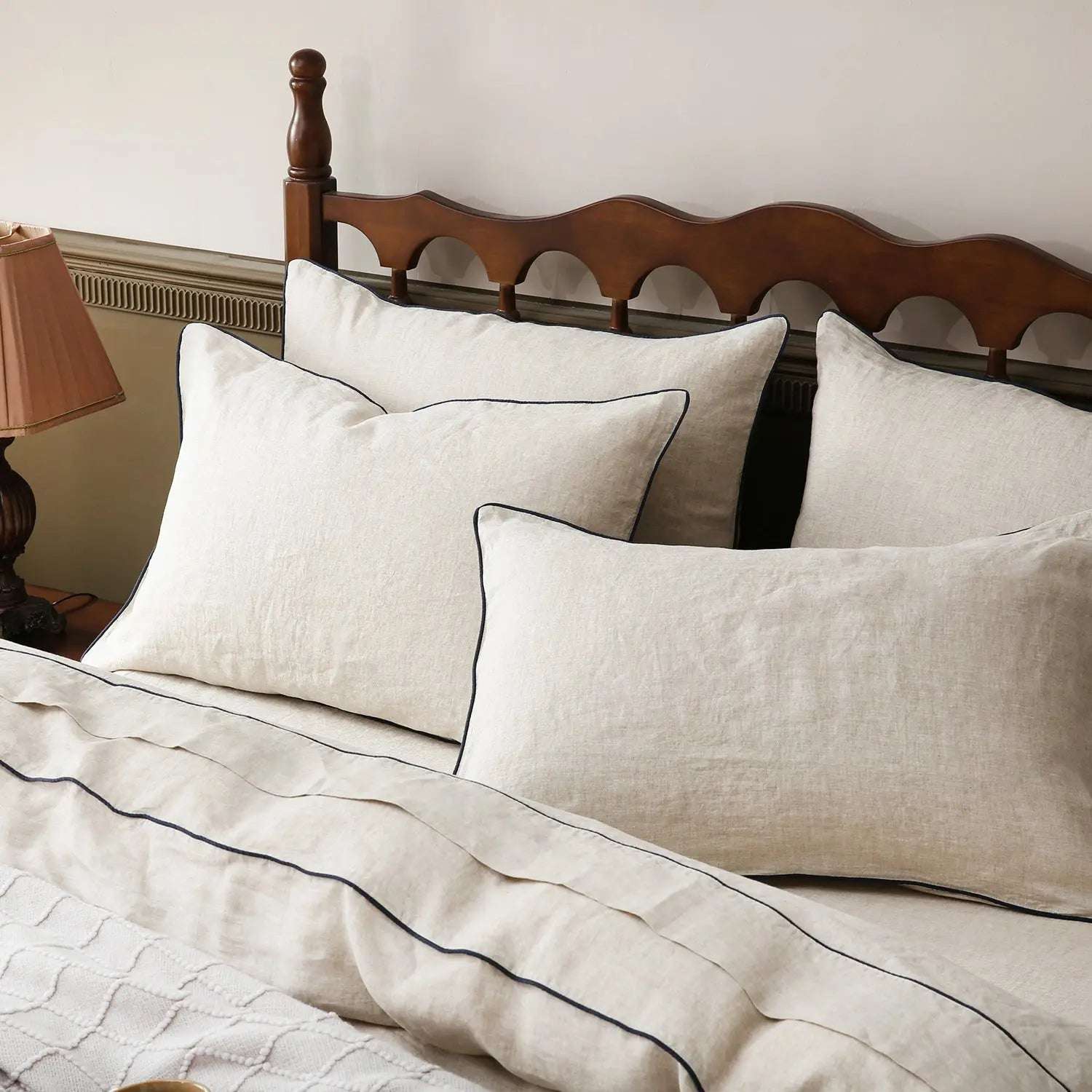 Natural Undyed Linen With Navy Piping 100% Organic Linen Duvet Cover Set.