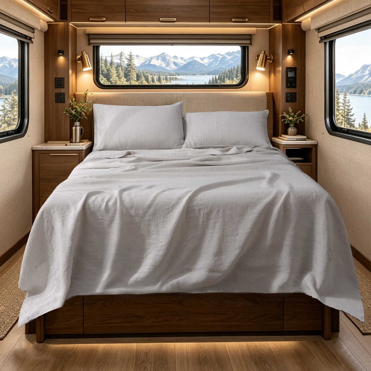 Natural Undyed Linen 100% Organic French Flax RV & Camper Short Queen Sheet Set-Victory Symbol