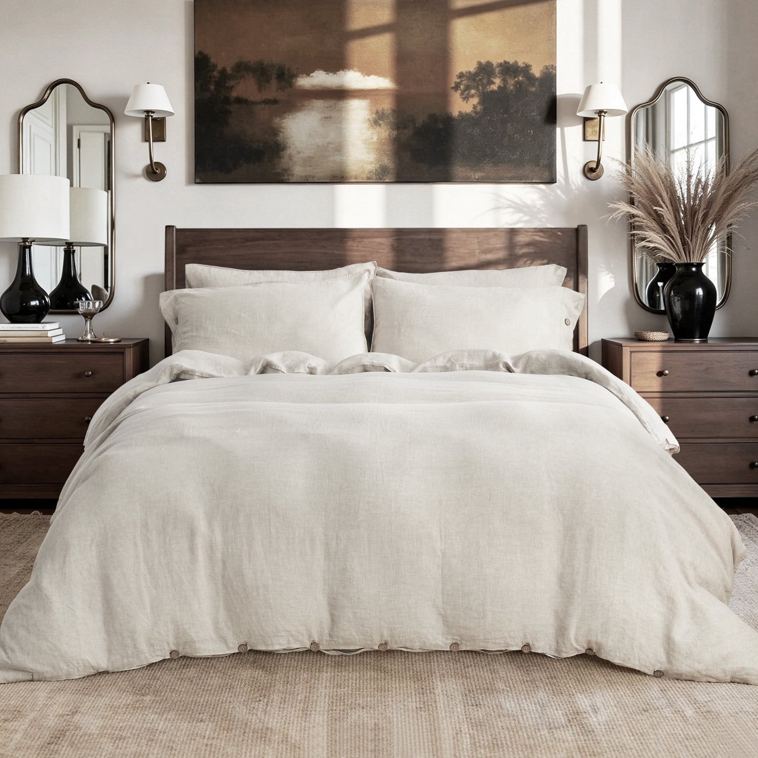 Natural Undyed Linen 100% Organic Linen Duvet Cover Set With Coconut Buttons-Victory Symbol