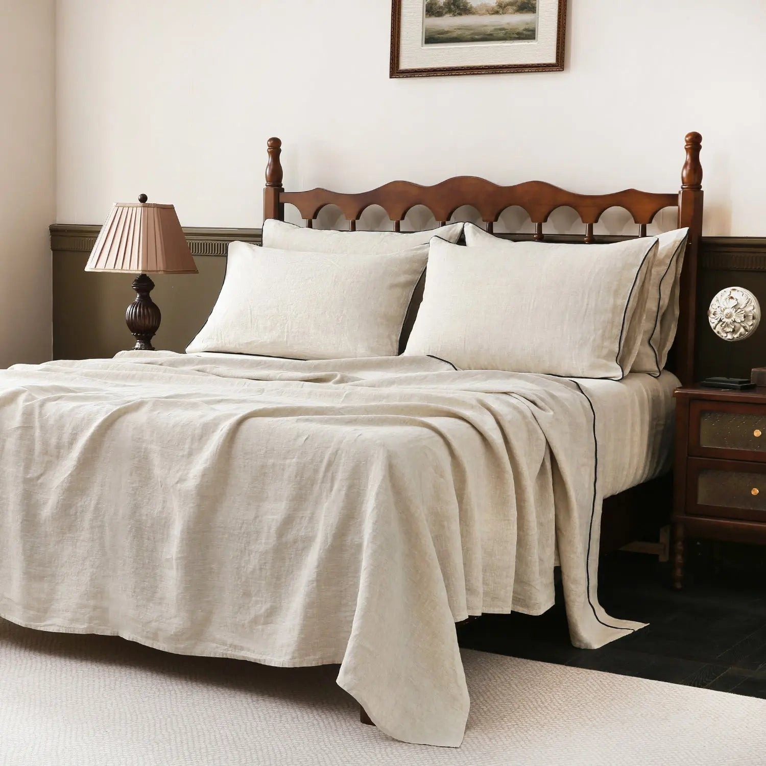 Natural Undyed Linen With Navy Piping 100% Organic Linen Sheets Set - Victory Symbol