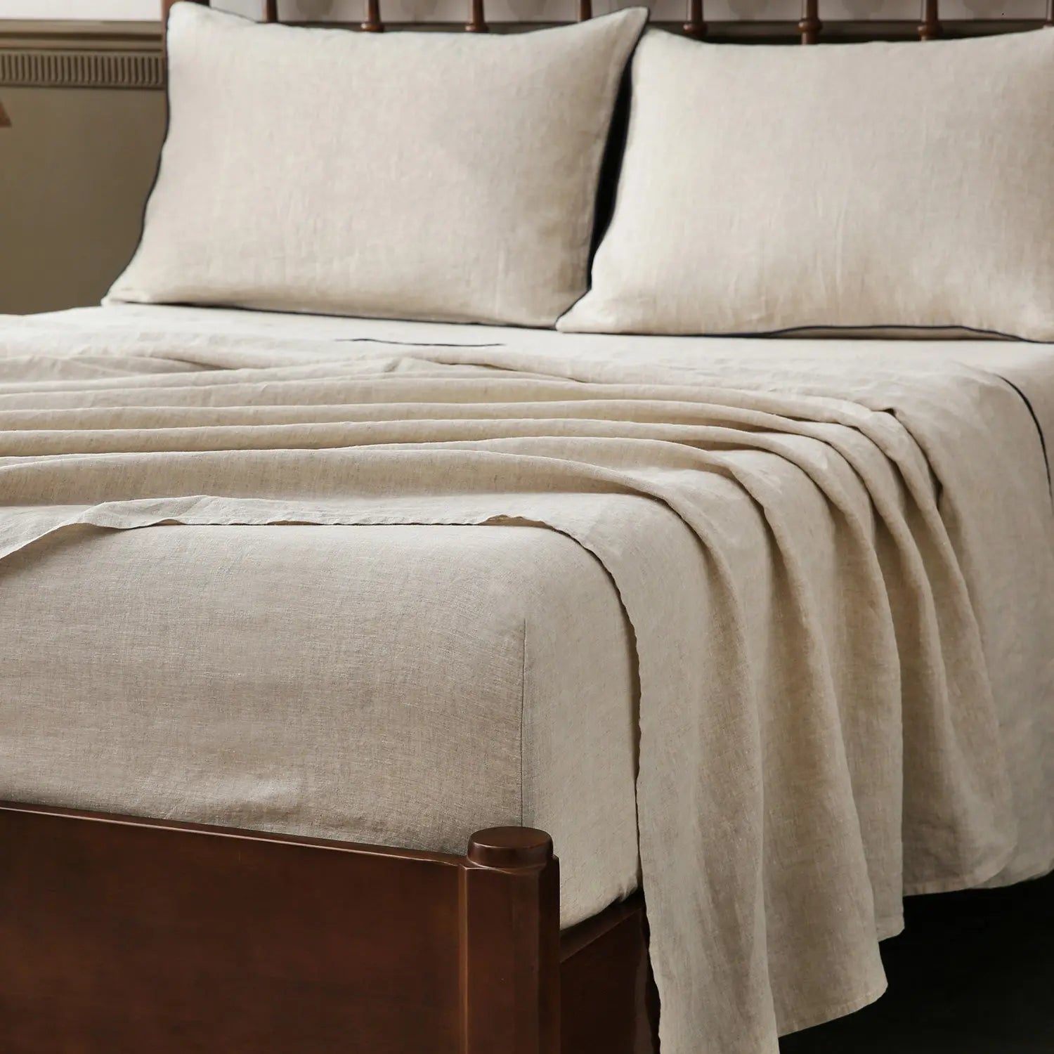 Natural Undyed Linen With Navy Piping 100% Organic Linen Sheets Set-victory symbol