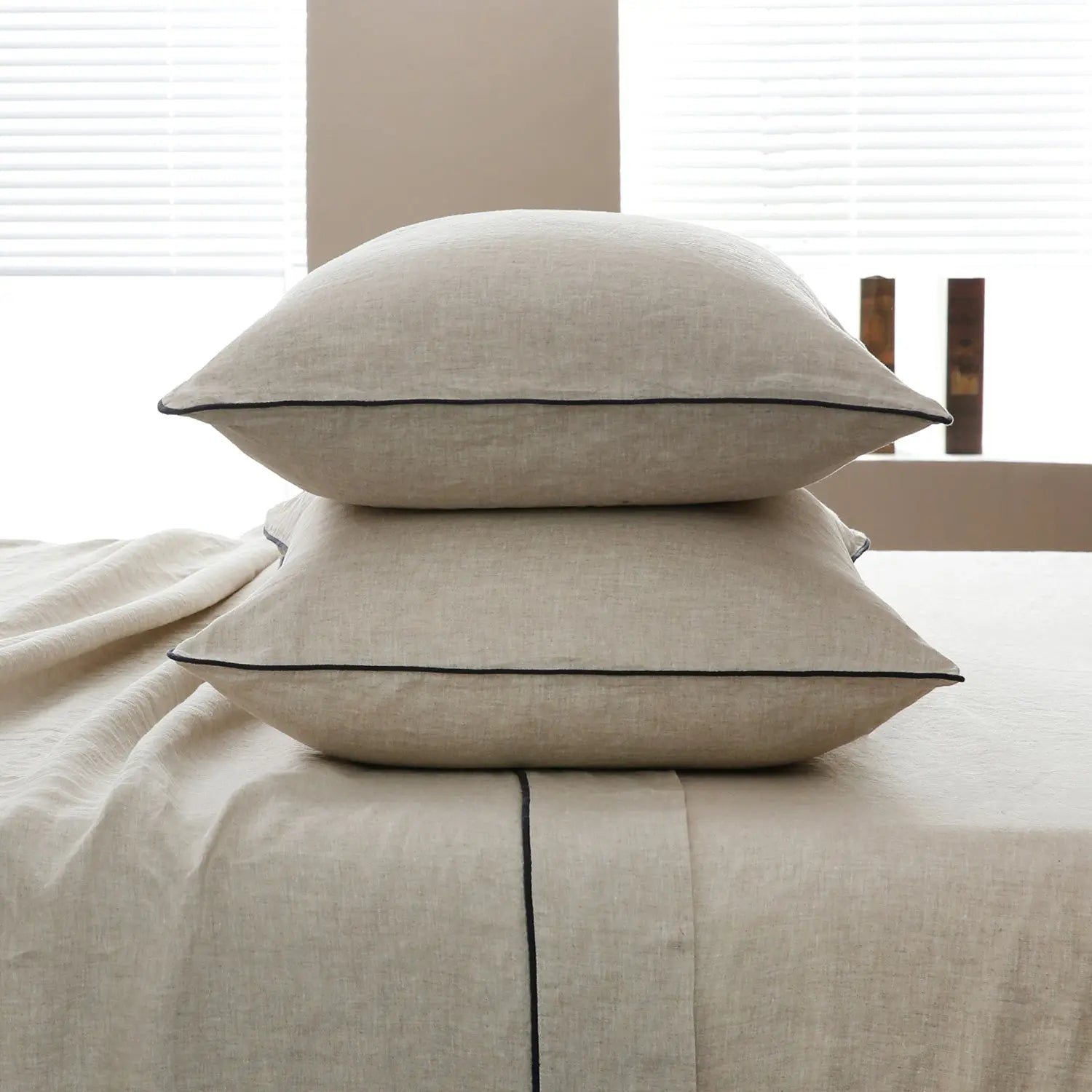 Natural Undyed Linen With Navy Piping 100% Organic Linen Sheets Set Victory Symbol