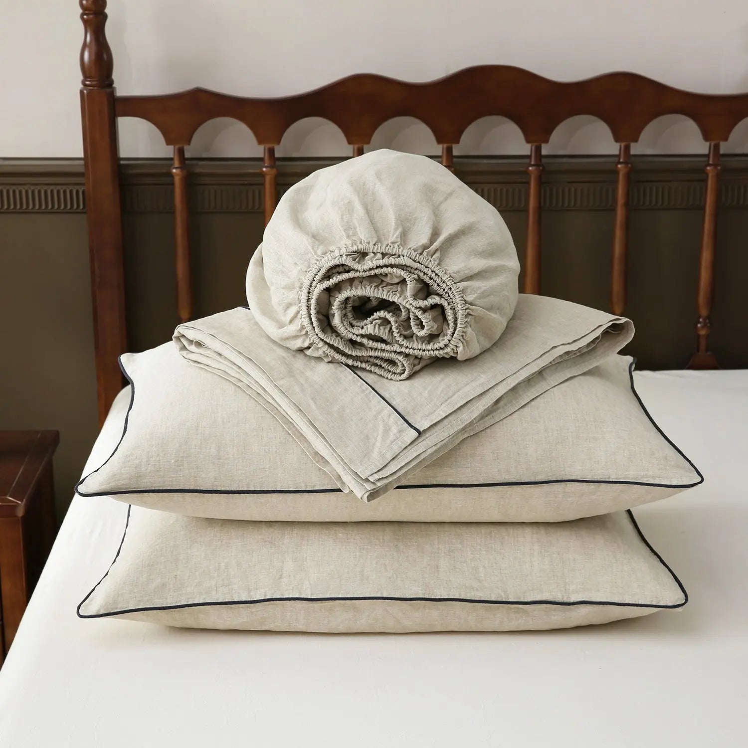Natural Undyed Linen With Navy Piping 100% Organic Linen Sheets Set Victory Symbol