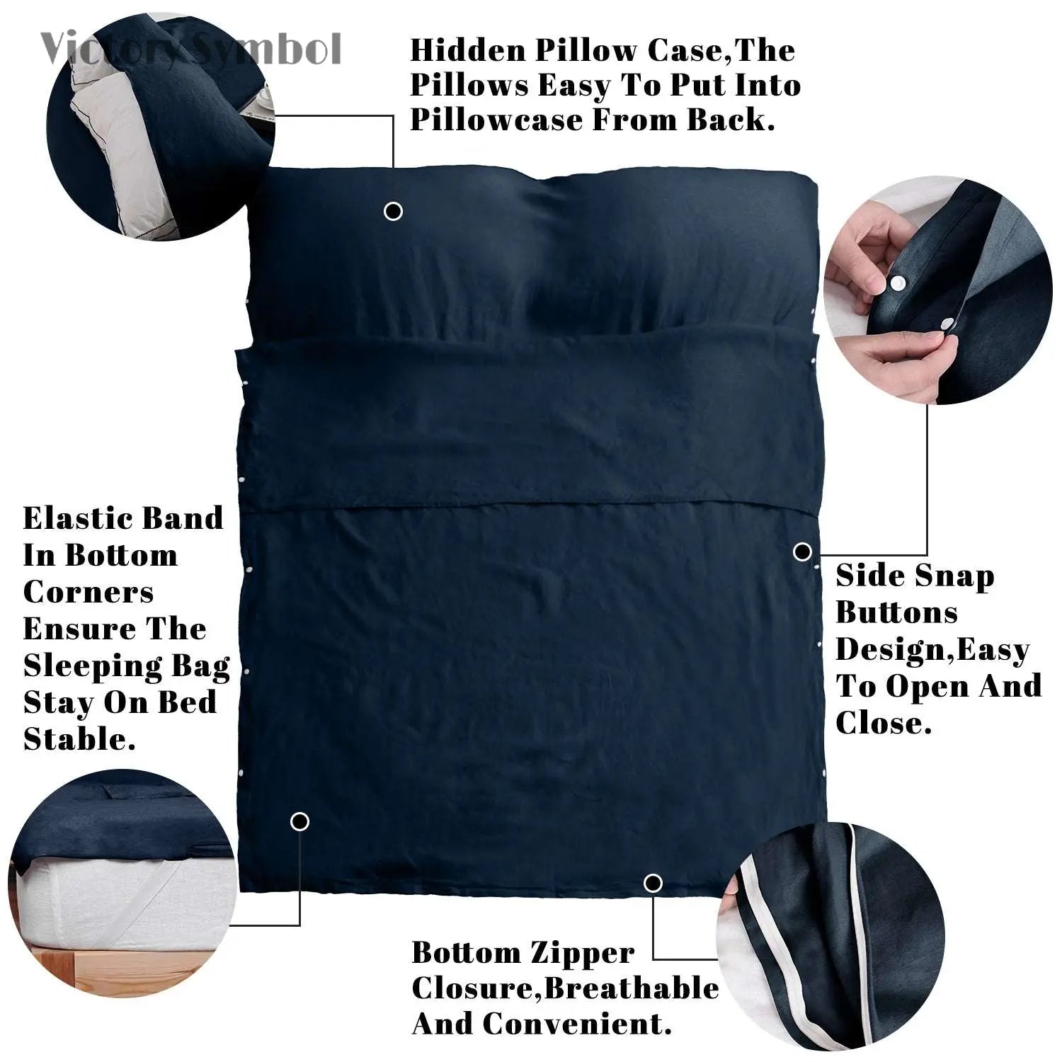 Navy 100% Linen Portable Bed Sheet,Sleeping Bag Liner for Hotel and Travel,Sleep Sack Adult - Ultra Lightweight Backpacking with Zipper - Victory Symbol