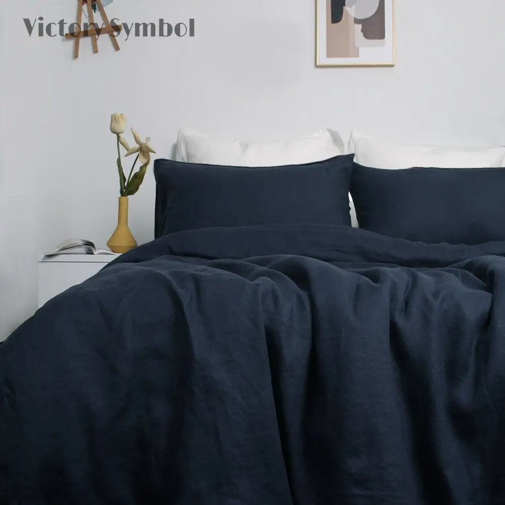 Navy 100% Organic Linen Duvet Cover (Only 1 Piece) - Victory Symbol