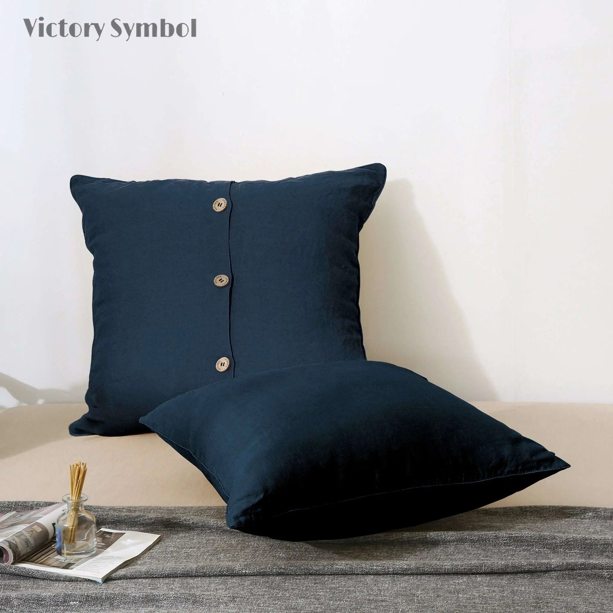 Navy 100% Organic Linen Euro Pillowcases - Victory Symbol