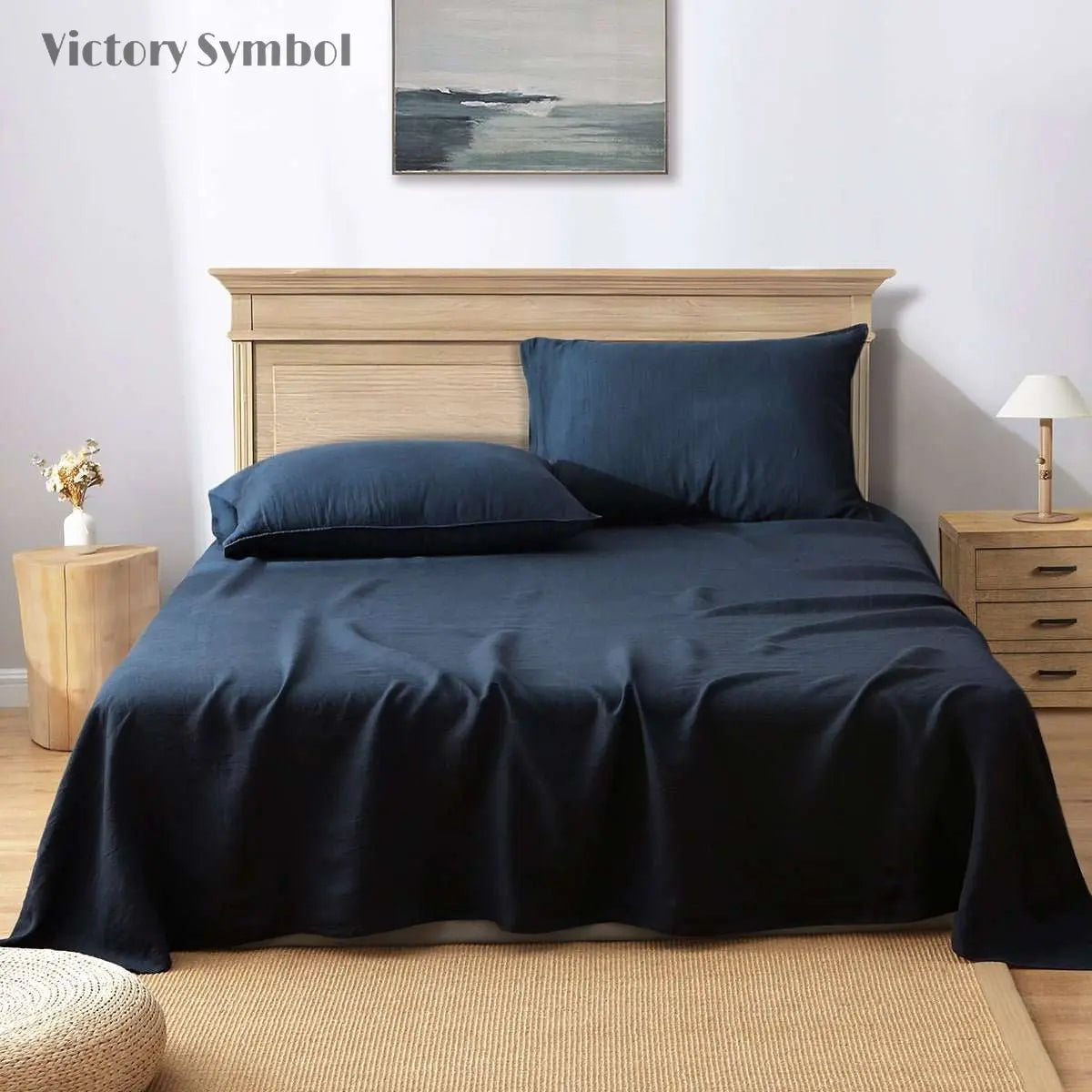 Navy 100% Organic Linen Flat Sheet - Victory Symbol