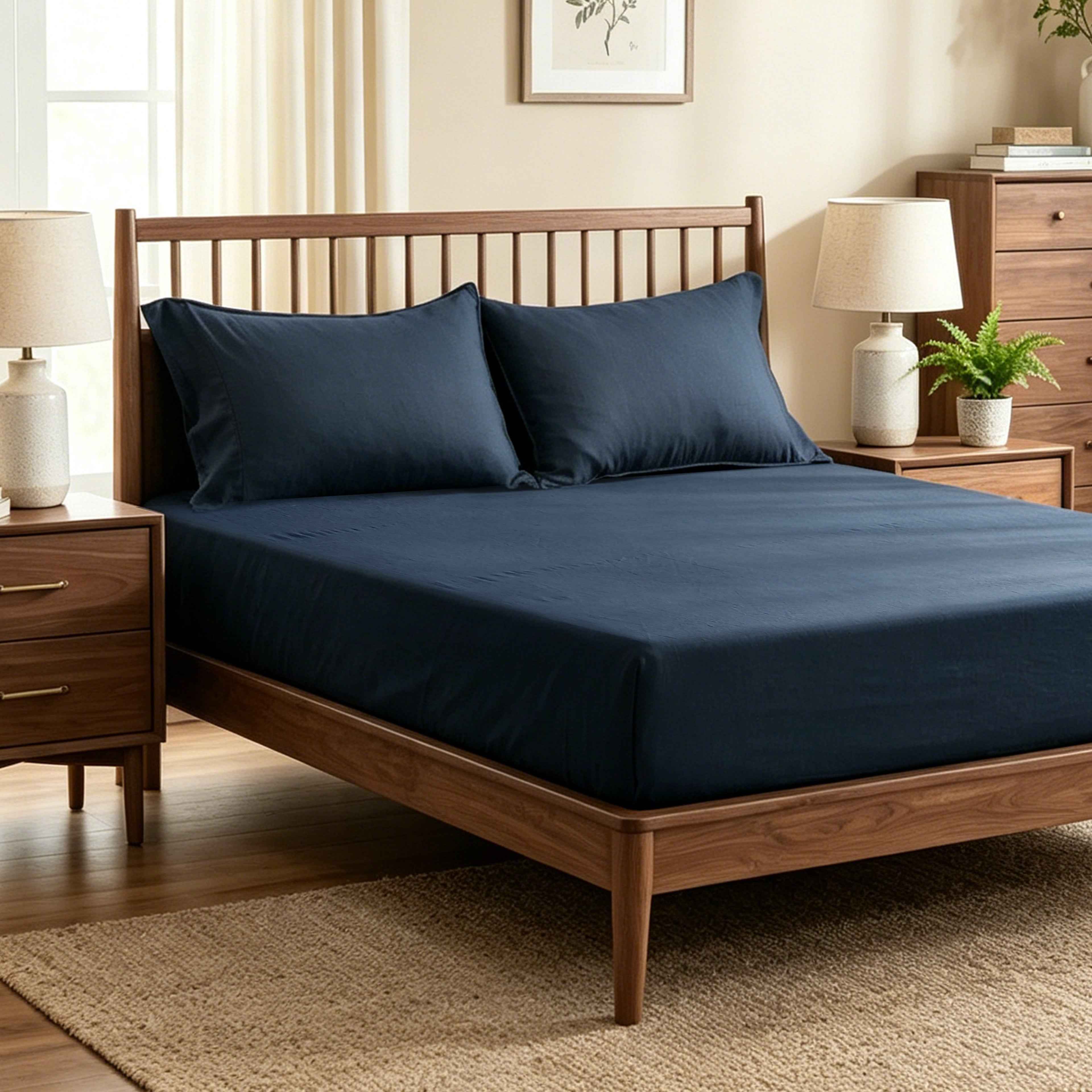 Navy 100% Organic Linen Fitted Sheet