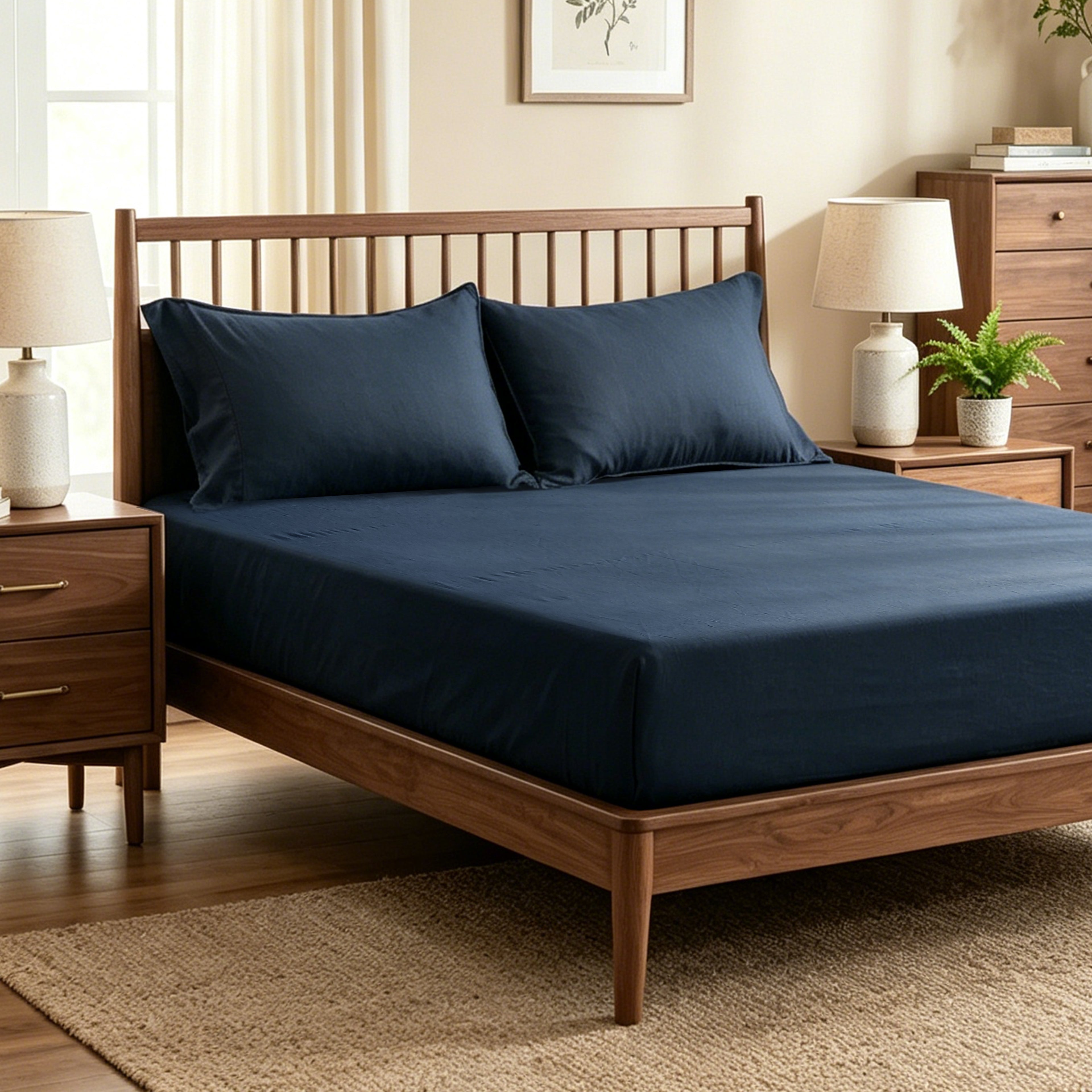 Navy 100% Organic Linen Fitted Sheet