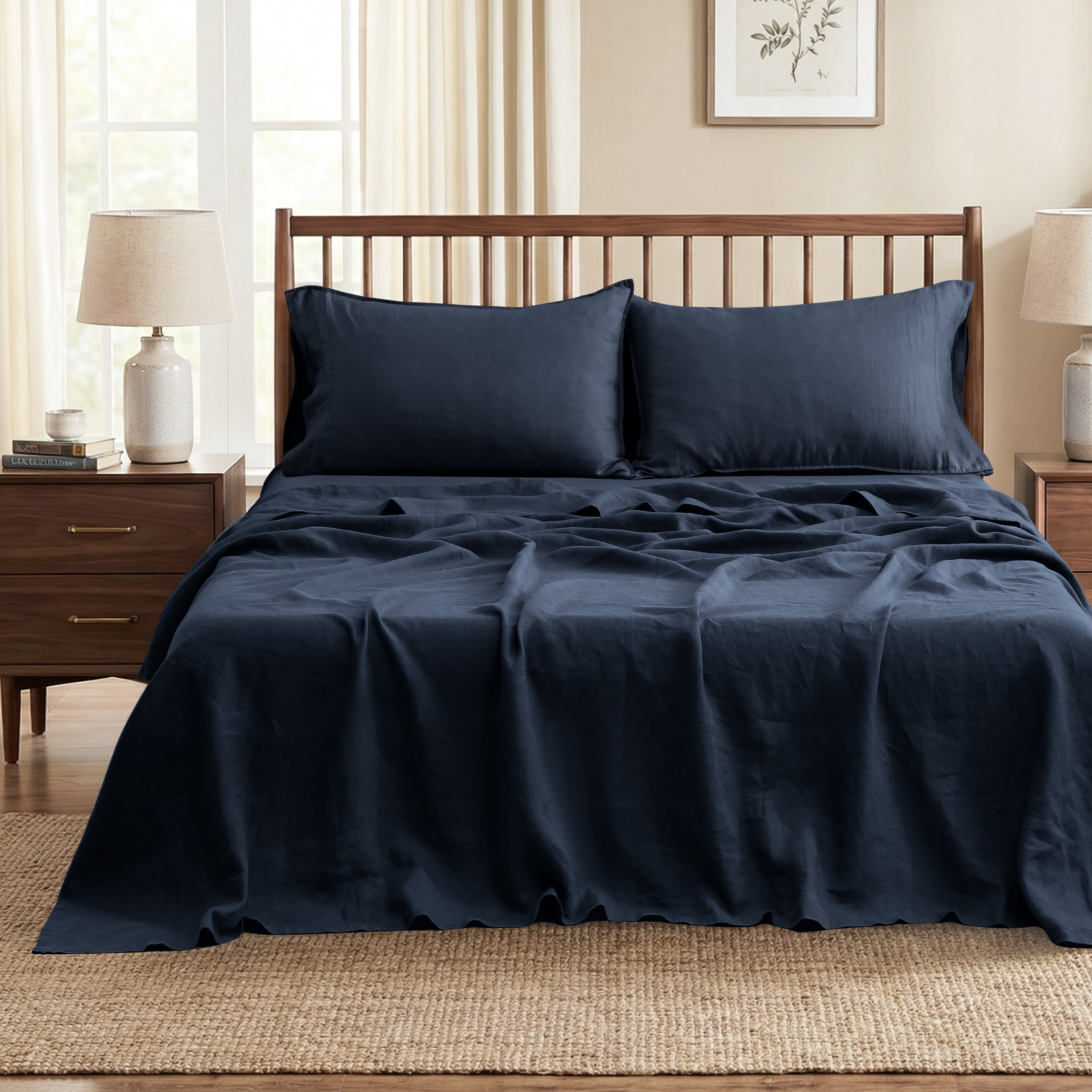 Navy 100% Organic Linen Flat Sheet-Victory Symbol