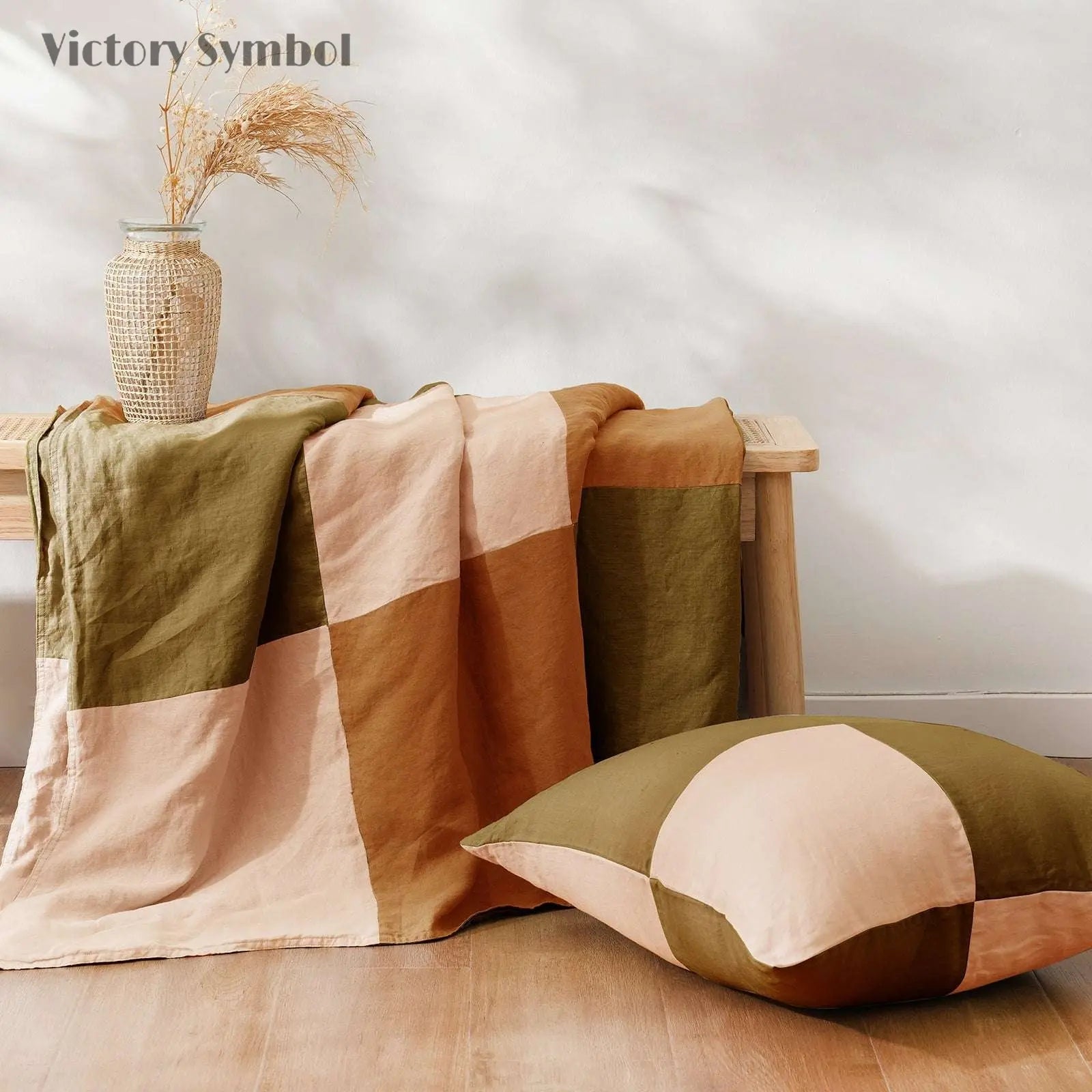 Olive Green Colorblock 100% Organic Linen Plaid Blanket & Throw - Victory Symbol