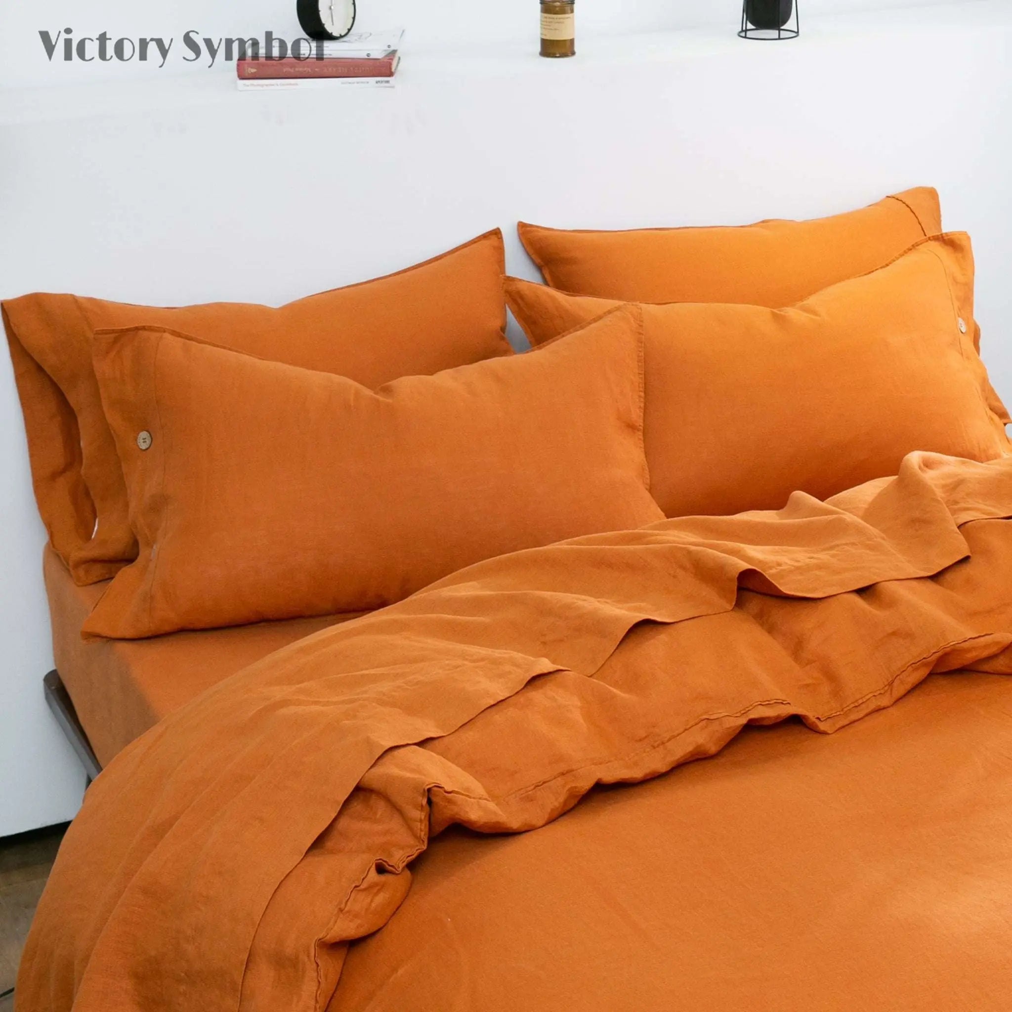 Orange Ochre 100% Organic Linen Pillowcases With Coconut Button Closure - Victory Symbol