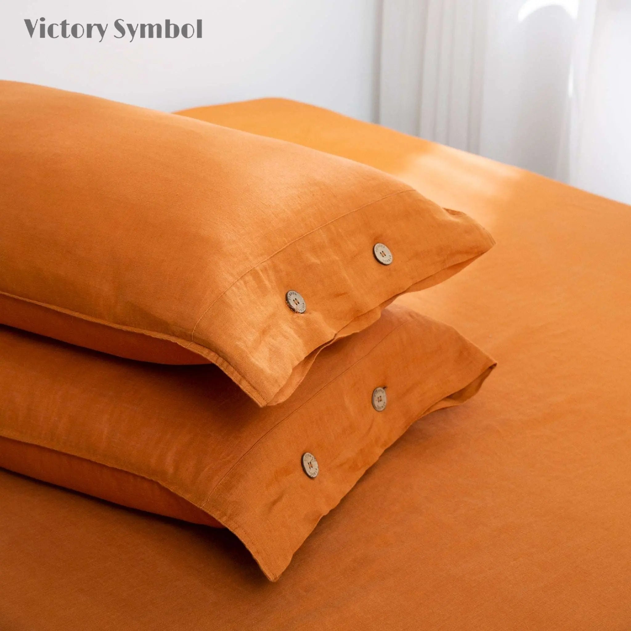 Orange Ochre 100% Organic Linen Pillowcases With Coconut Button Closure - Victory Symbol