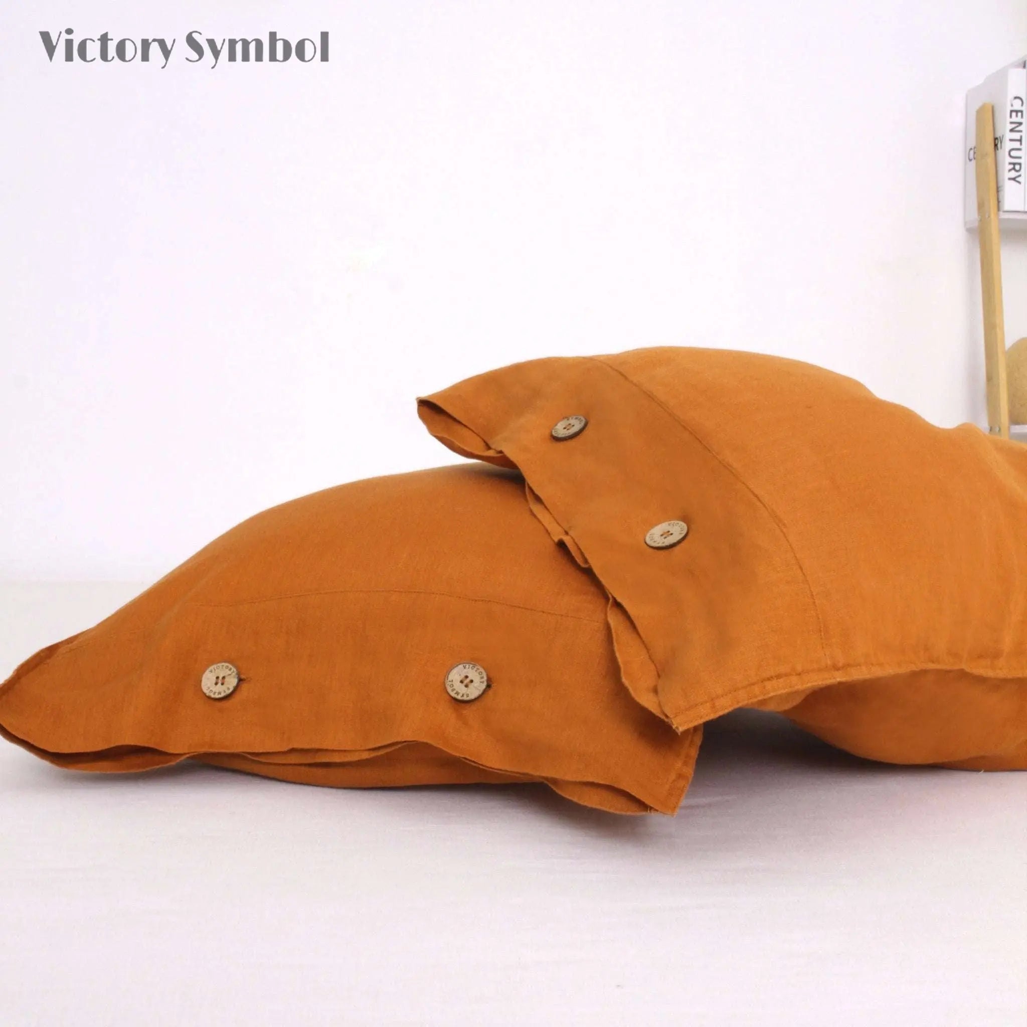 Orange Ochre 100% Organic Linen Pillowcases With Coconut Button Closure - Victory Symbol