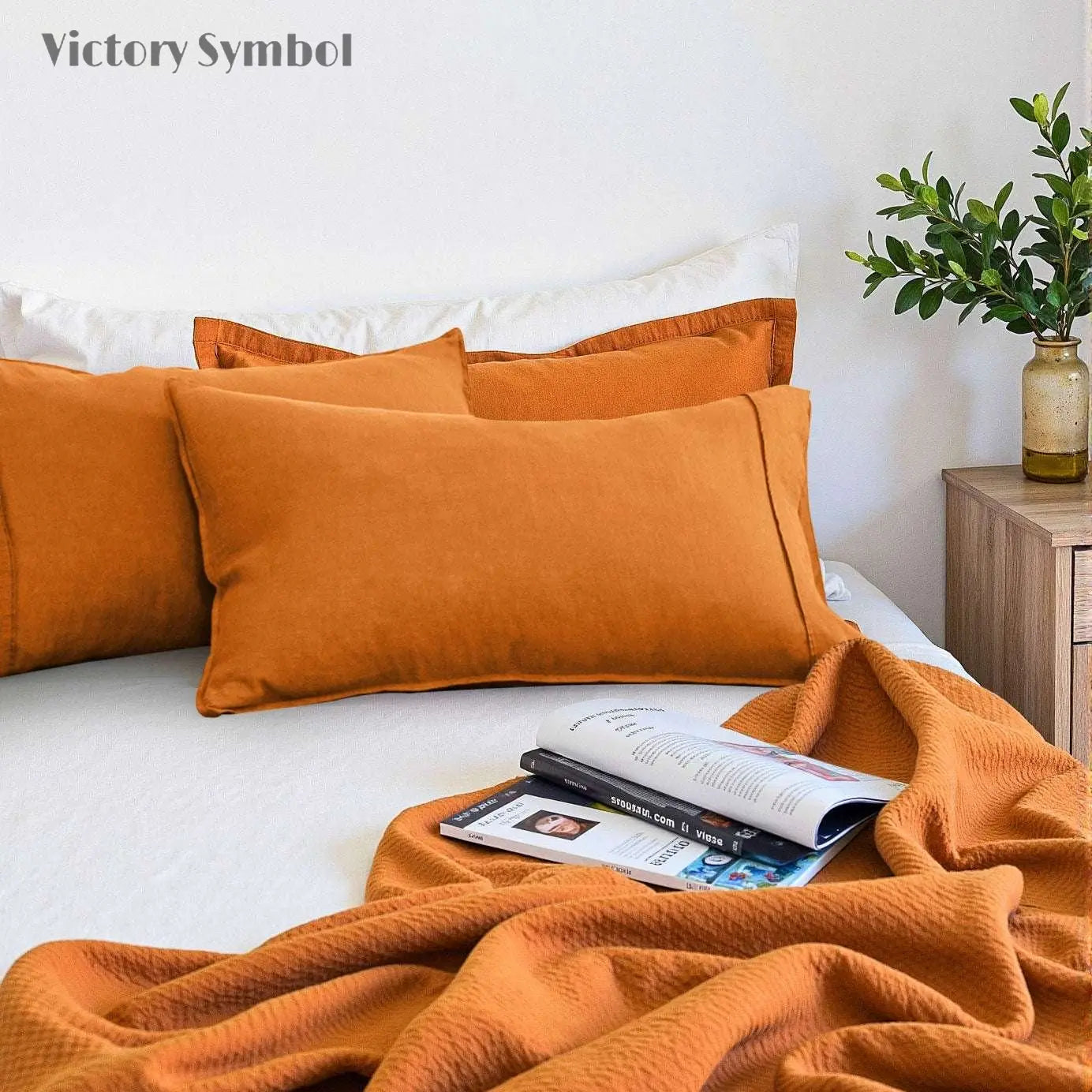 Orange Ochre 100% Organic Linen Pillowcases - Victory Symbol