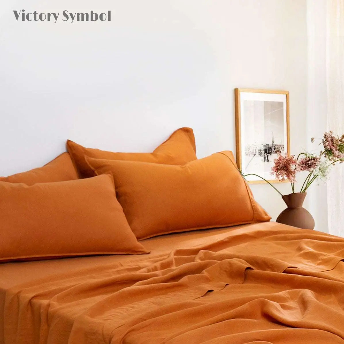 Orange Ochre 100% Organic Linen Pillowcases - Victory Symbol