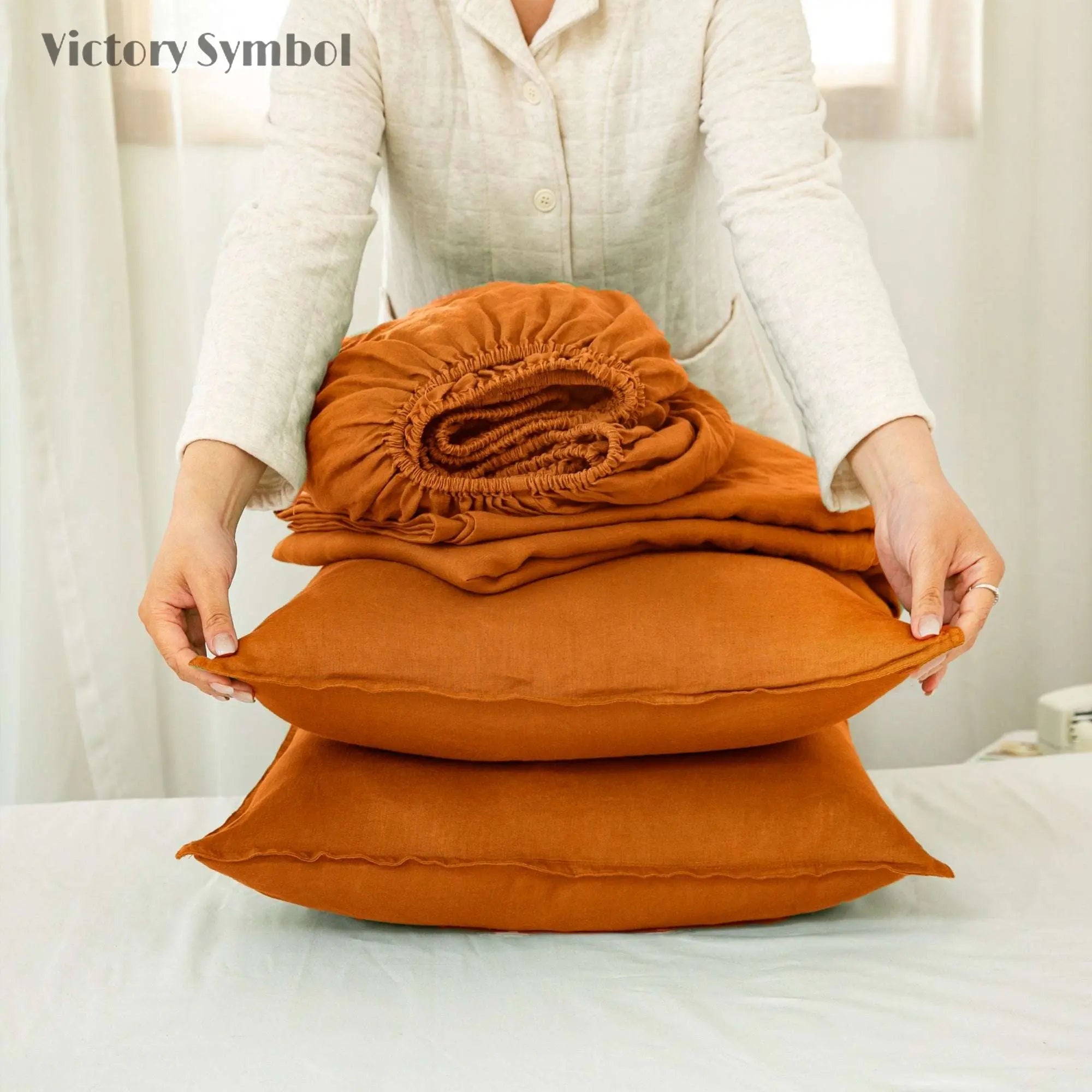 Orange Ochre 100% Organic Linen Sheets Set - Victory Symbol