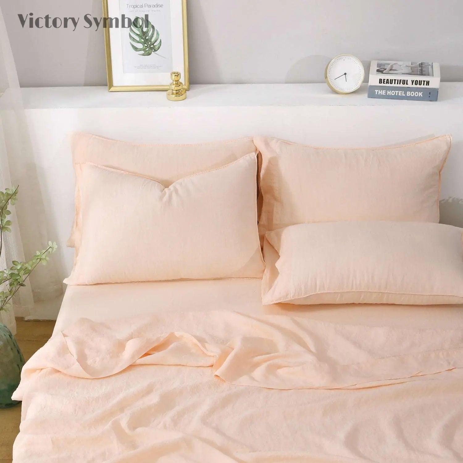 Pale Pink 100% Organic Linen Sheets Set - Victory Symbol