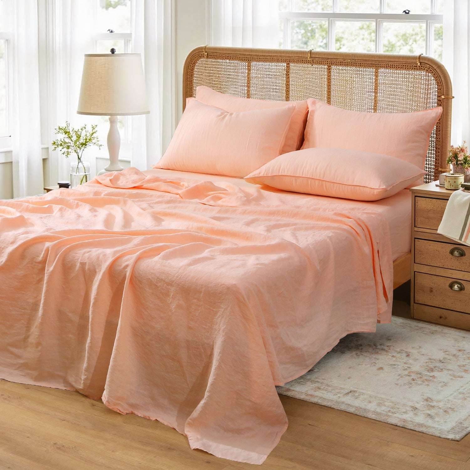 Peach Pink 100% Organic Linen Sheets Set- Victory Symbol