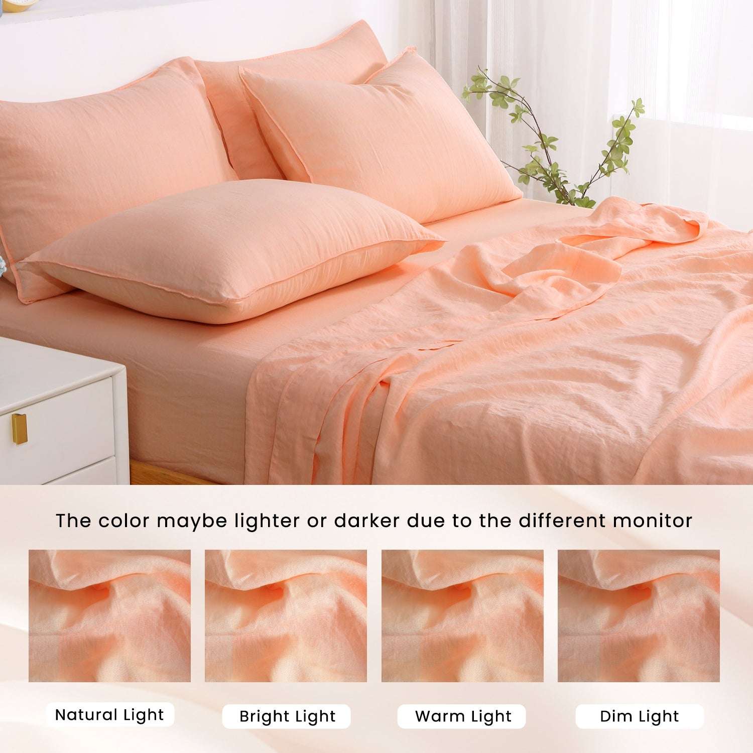 Peach Pink 100% Organic Linen Sheets Set- Victory Symbol