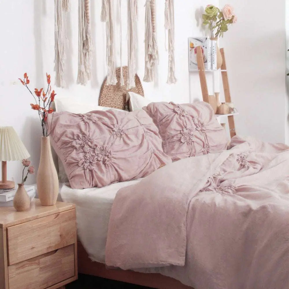 Pink Lavender Pinch Pleated Floral 100% Organic Linen Duvet Cover Set-victory symbol