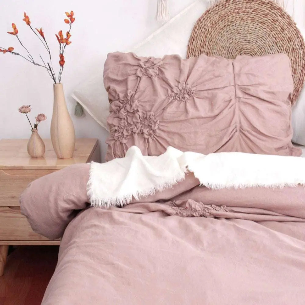 Pink Lavender Pinch Pleated Floral 100% Organic Linen Duvet Cover Set-victory symbol