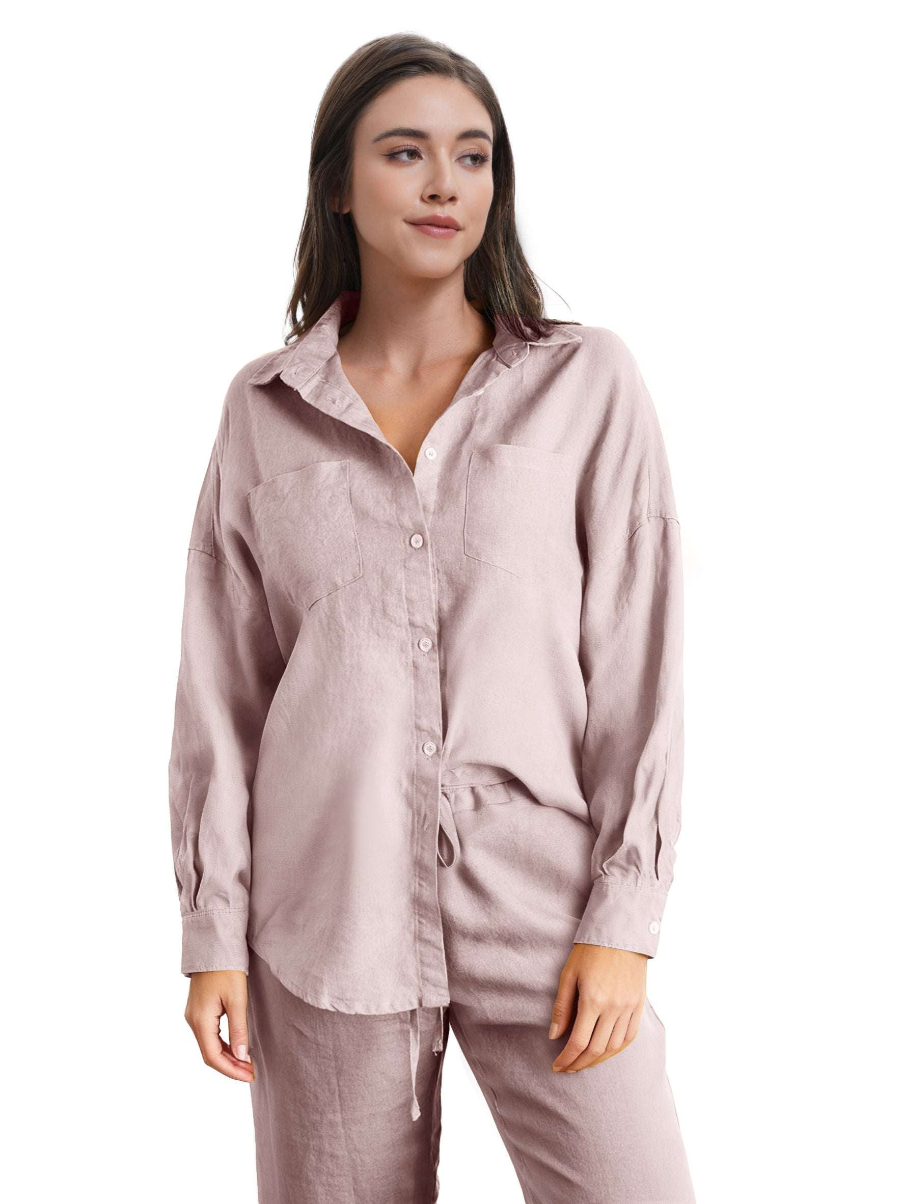 Pink Purple 100% Organic Linen Long Sleeve Shirt-Victory Symbol