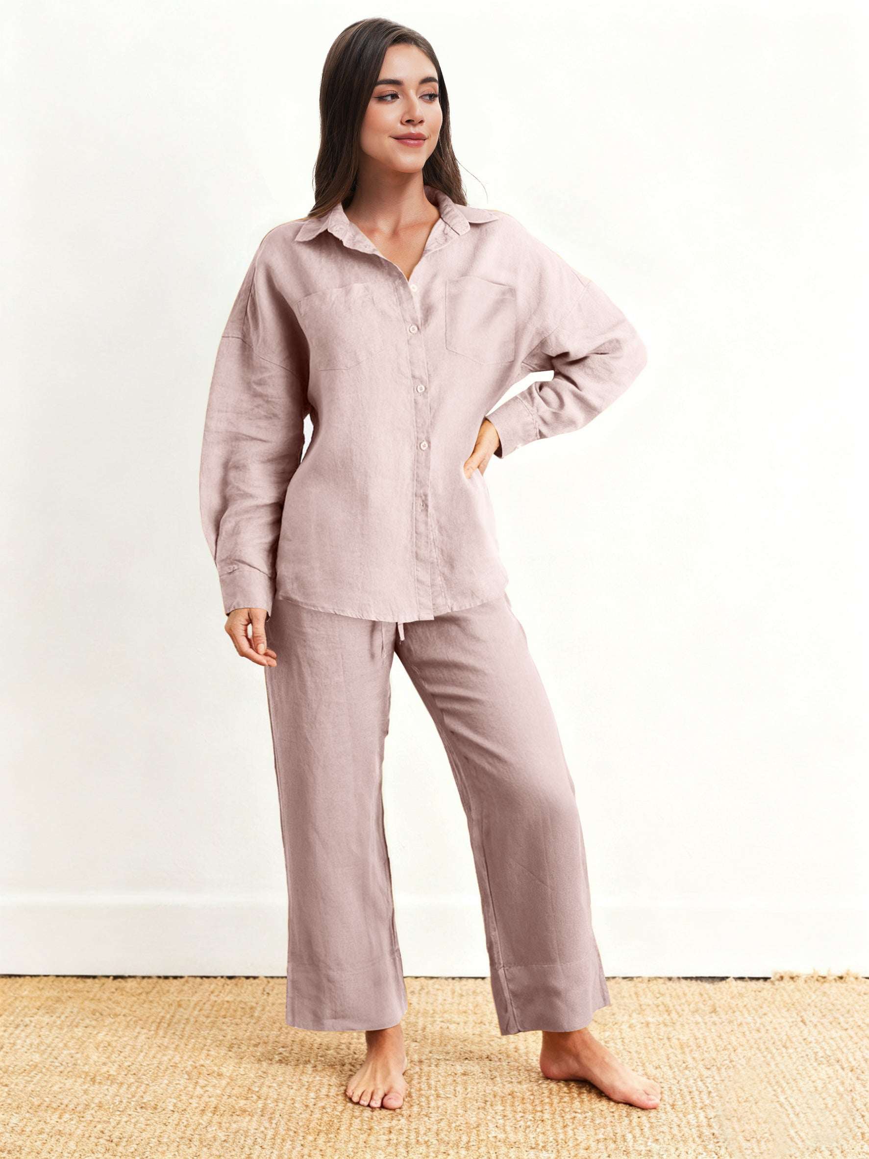 Pink Purple 100% Organic Linen Long Sleeve Shirt-Victory Symbol