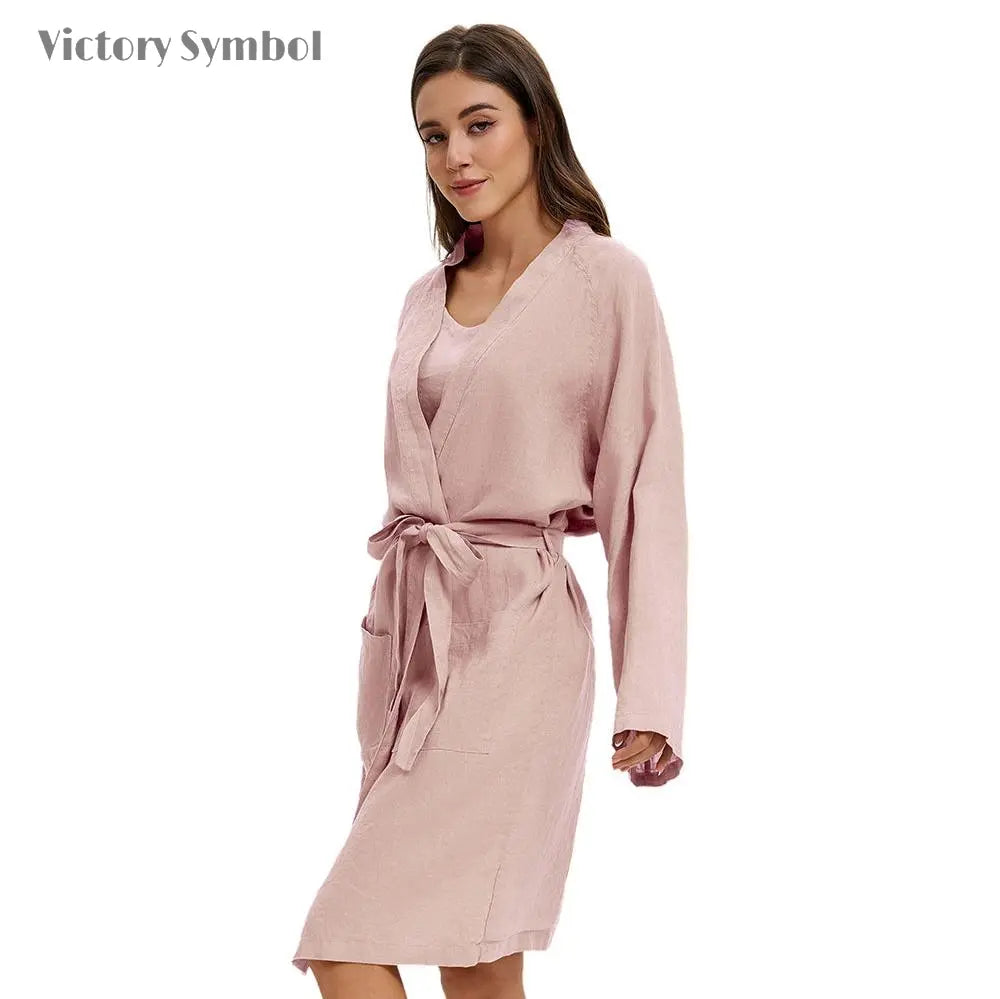 Pink Purple 100% Organic Linen Women's V - Neck Robes - Victory Symbol