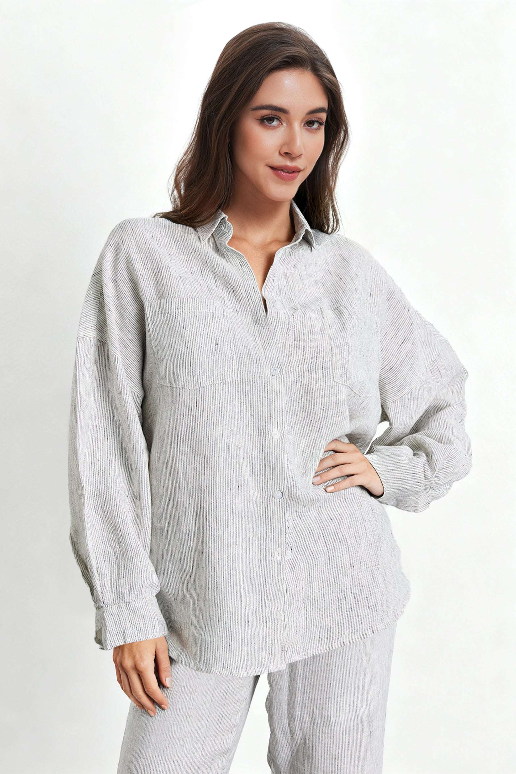 Pinstripe 100% Organic Linen Long Sleeve Shirt-Victory Symbol