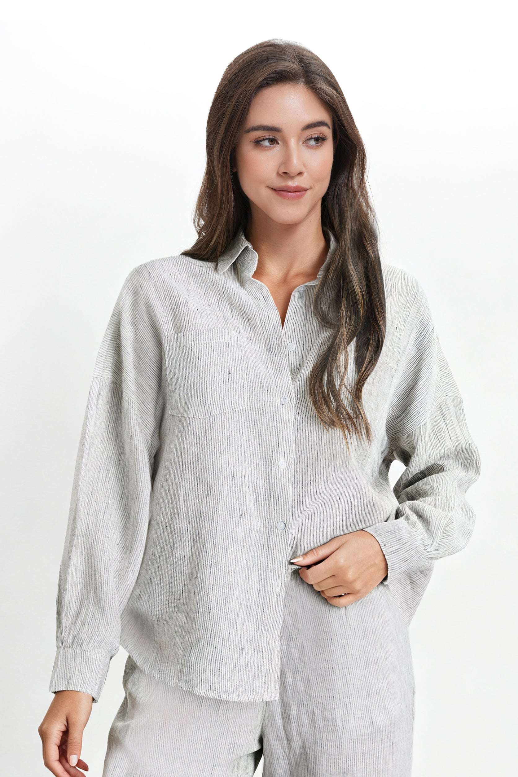 Pinstripe 100% Organic Linen Long Sleeve Shirt-Victory Symbol