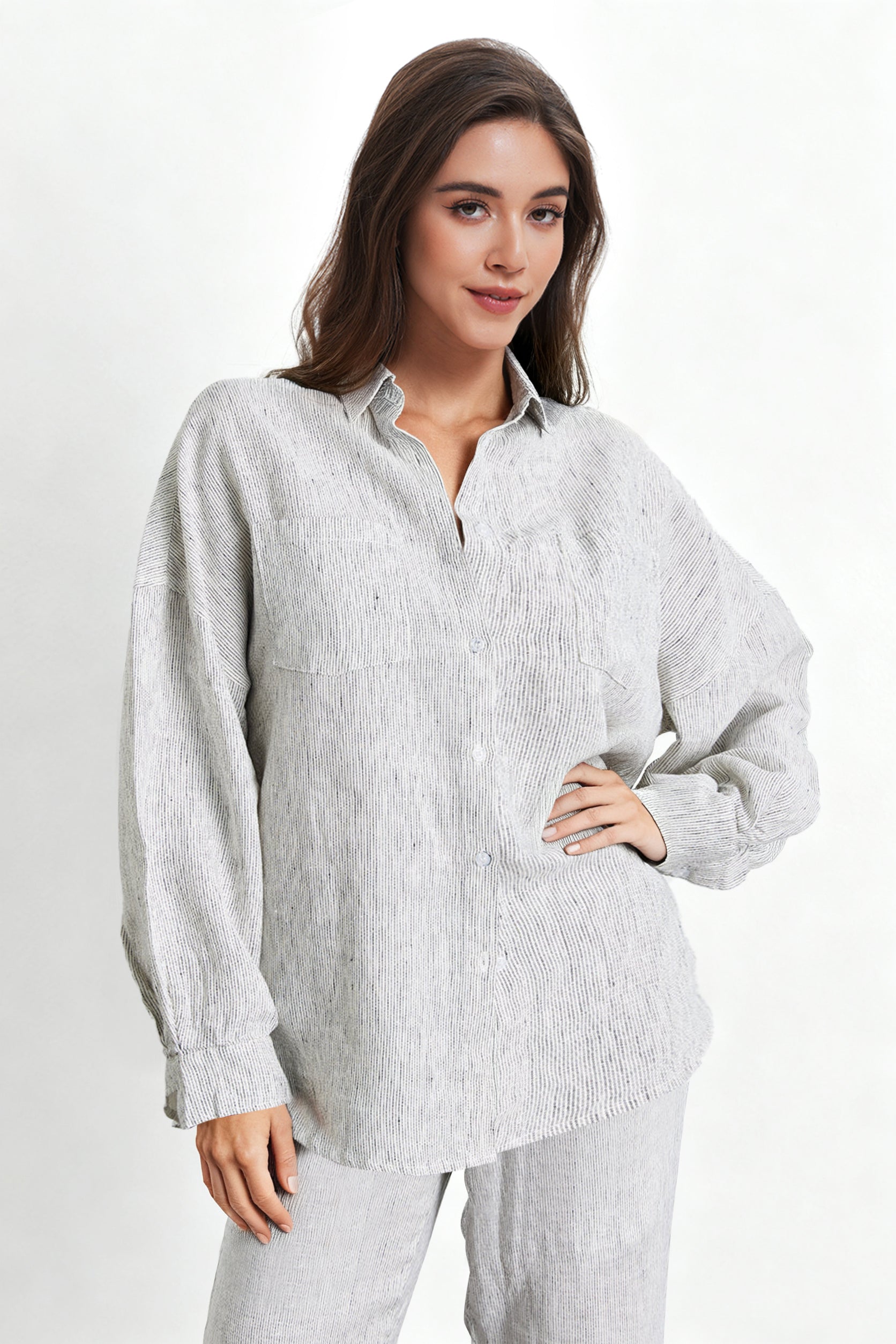 Pinstripe 100% Organic Linen Long Sleeve Shirt-Victory Symbol