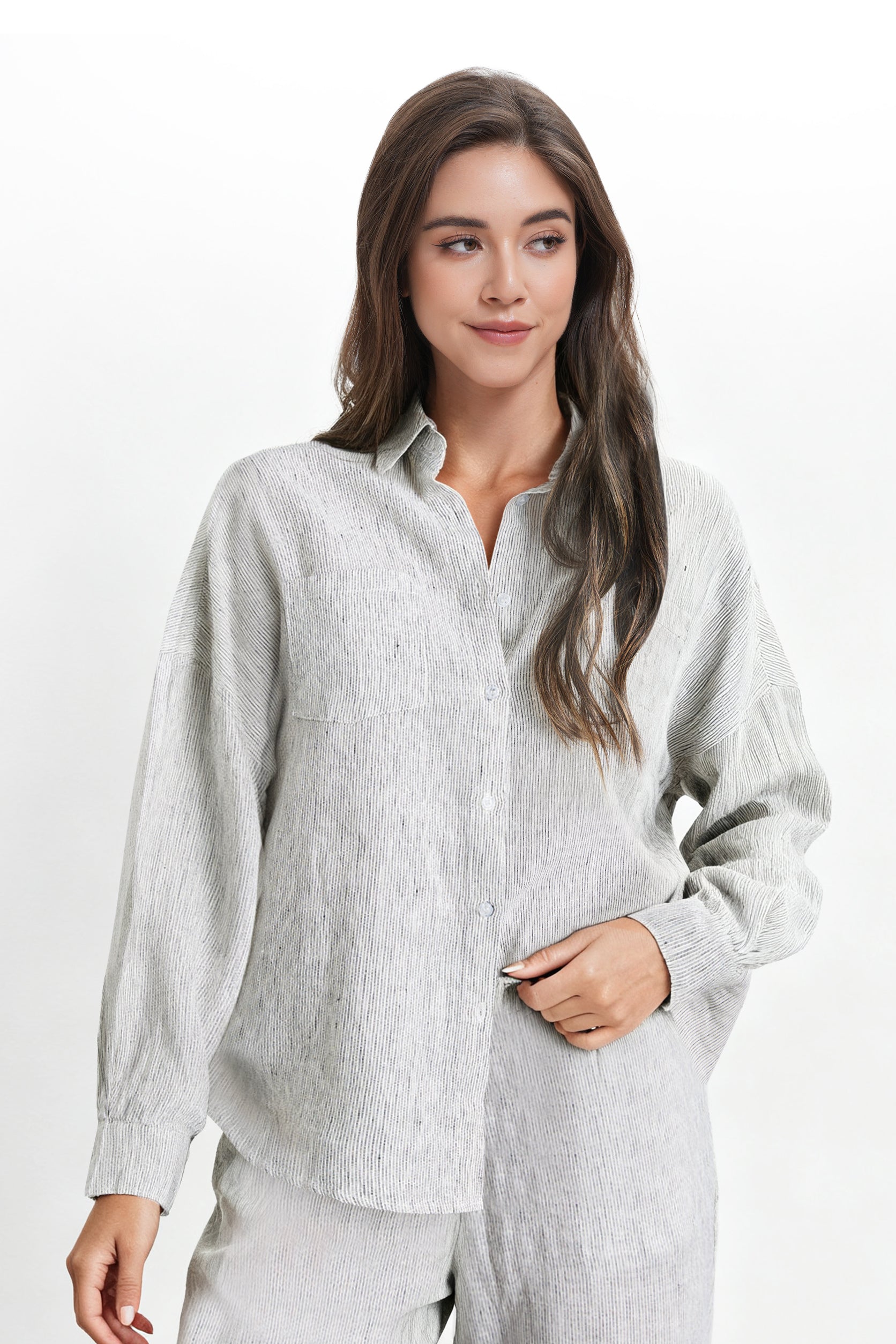 Pinstripe 100% Organic Linen Long Sleeve Shirt-Victory Symbol