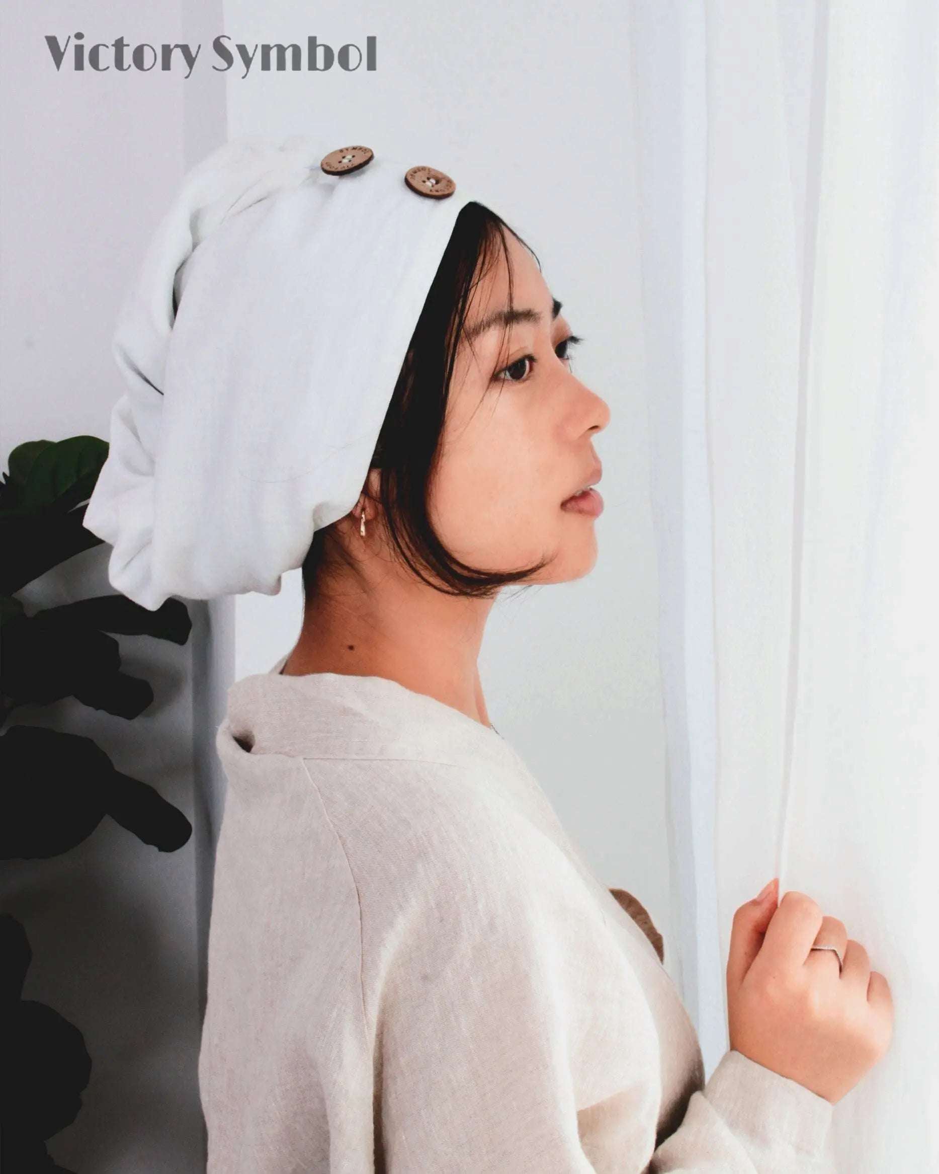 Pure White 100% Organic French Linen 2 - Pack Hair Towel Wrap - Victory Symbol