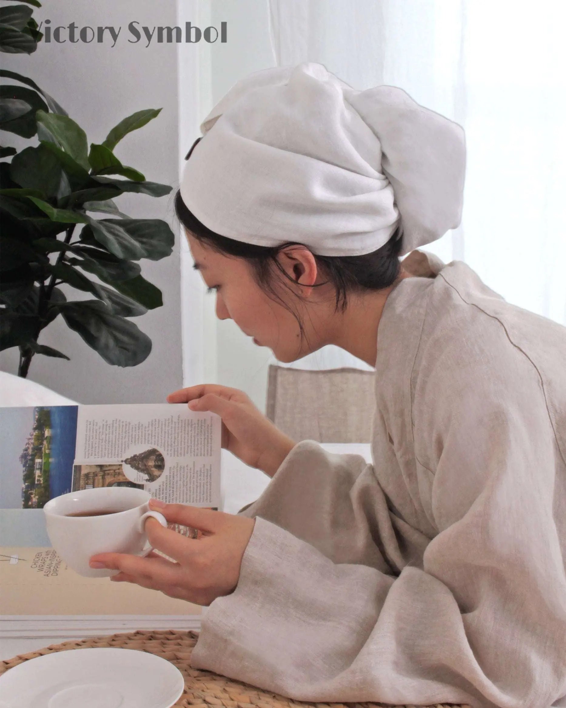 Pure White 100% Organic French Linen 2 - Pack Hair Towel Wrap - Victory Symbol