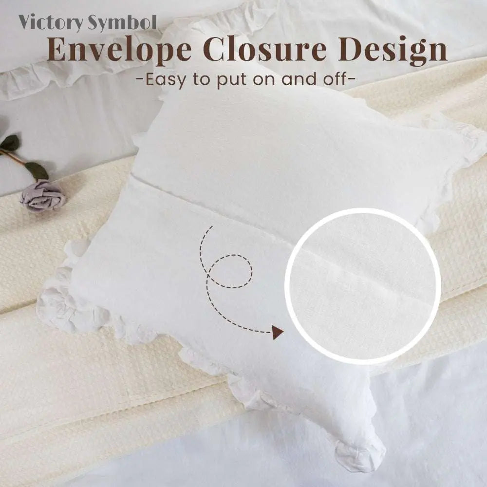 Pure White 100% Organic Linen Euro Pillowcases With Ruffles - Victory Symbol