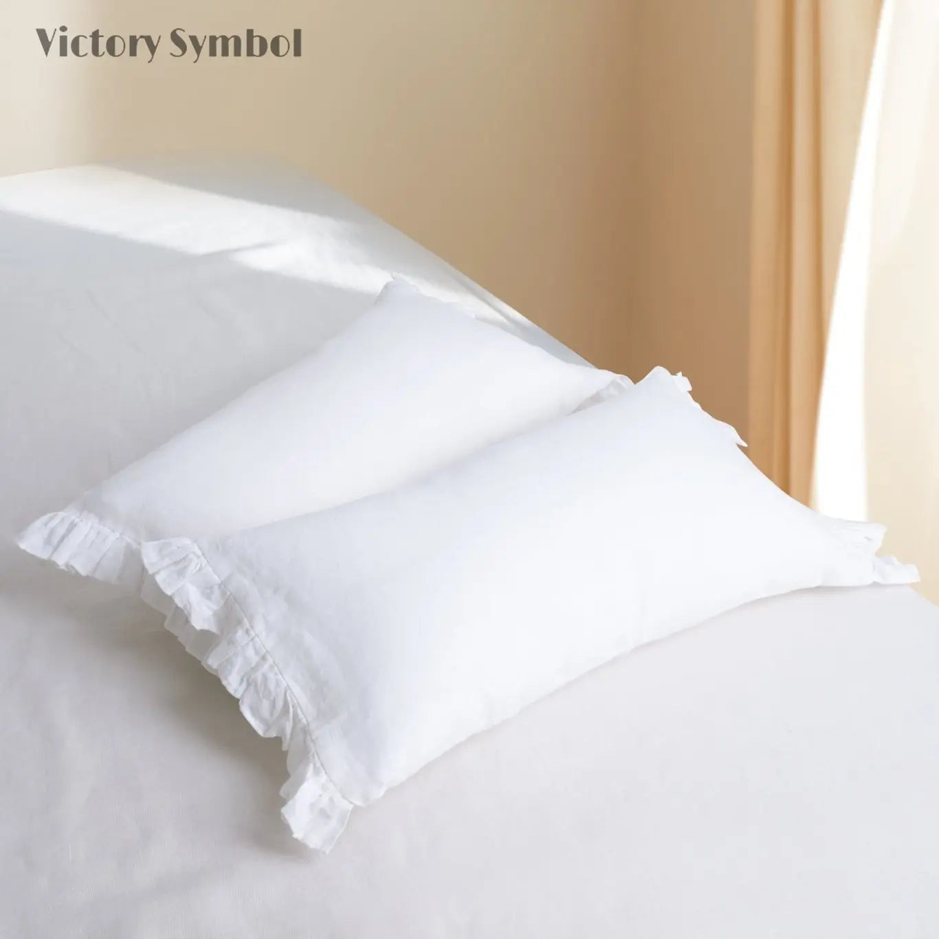 Pure White 100% Organic Linen Lumbar Pillowcases With Ruffles - Victory Symbol