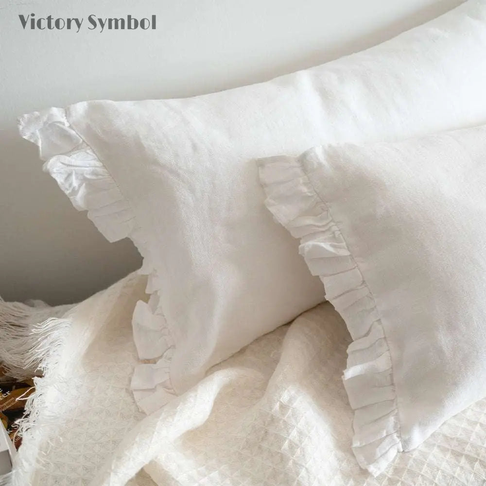 Pure White 100% Organic Linen Lumbar Pillowcases With Ruffles - Victory Symbol